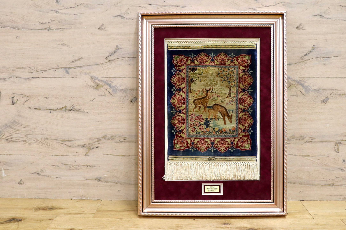 GMJH413◯HEREKE PURE SILK CARPET QUALITY 14x14 ヘレケ絨毯 高密度高級絨毯 額装 タペストリー 壁掛け インテリア 美術品 稀少