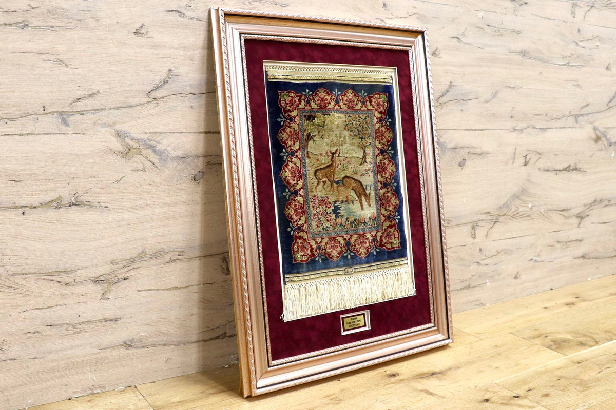 GMJH413◯HEREKE PURE SILK CARPET QUALITY 14x14 ヘレケ絨毯 高密度高級絨毯 額装 タペストリー 壁掛け インテリア 美術品 稀少