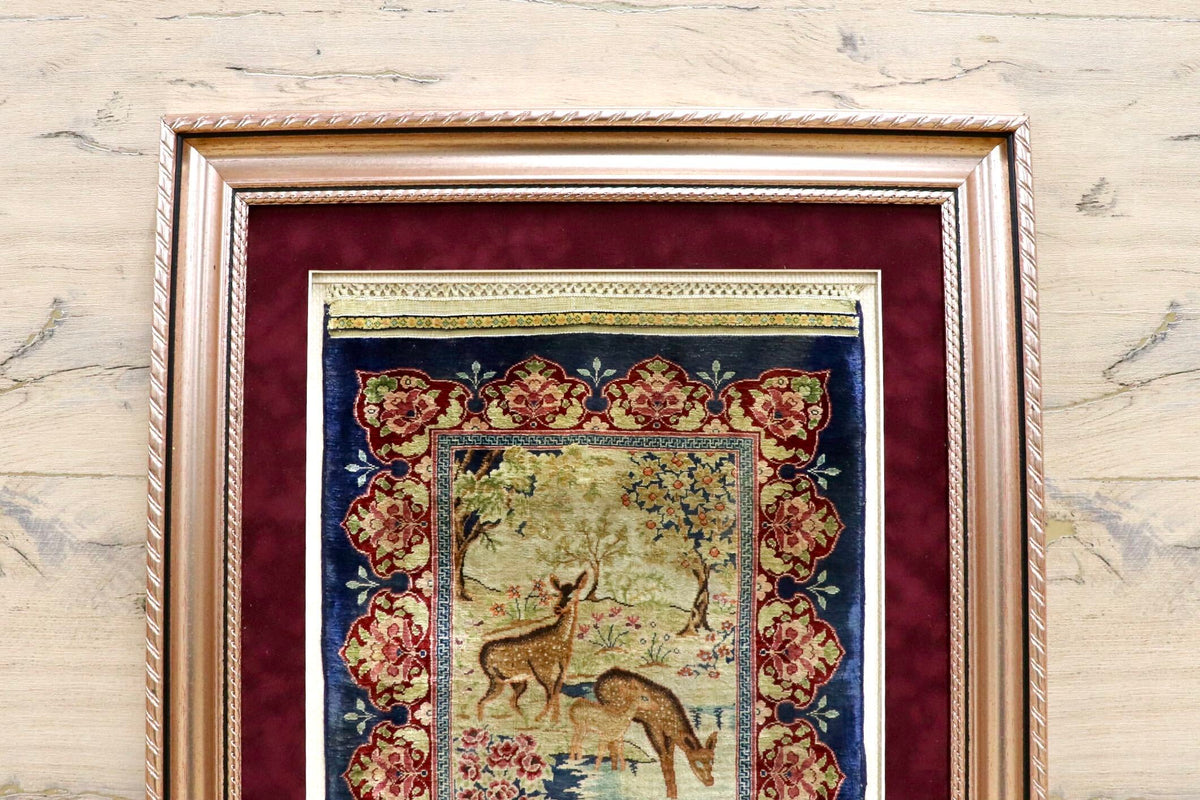 GMJH413◯HEREKE PURE SILK CARPET QUALITY 14x14 ヘレケ絨毯 高密度高級絨毯 額装 タペストリー 壁掛け インテリア 美術品 稀少