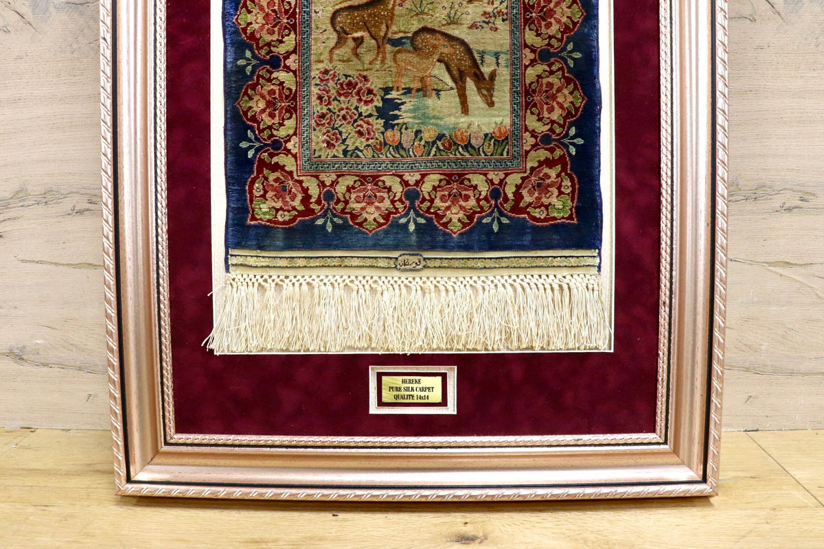 GMJH413◯HEREKE PURE SILK CARPET QUALITY 14x14 ヘレケ絨毯 高密度高級絨毯 額装 タペストリー 壁掛け インテリア 美術品 稀少