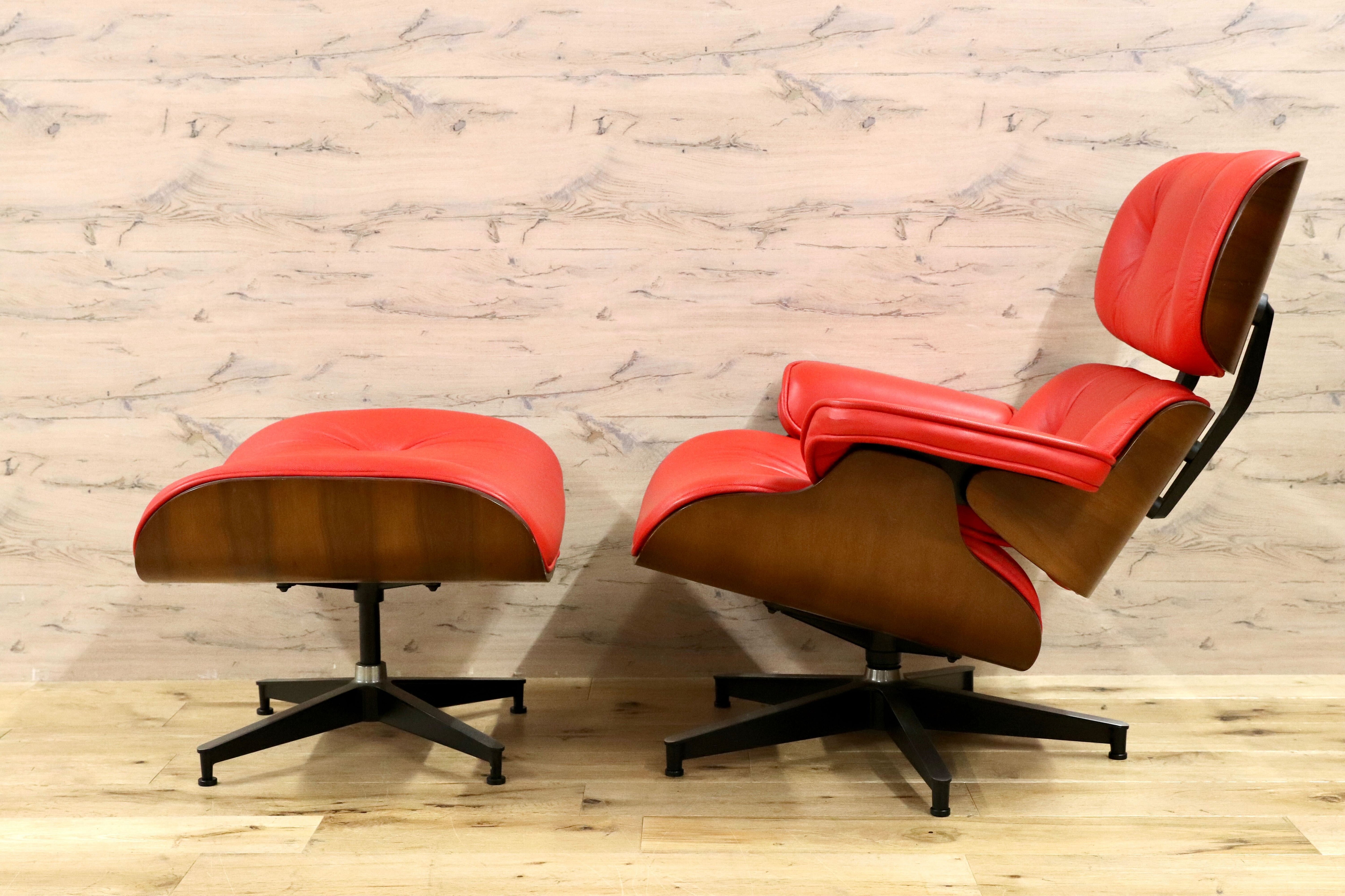 GMGS122○イームズ ラウンジチェア&オットマン 赤 本革 リプロダクト チャールズ&レイ ミッドセンチュリー 名作 椅子 約22万 展示品