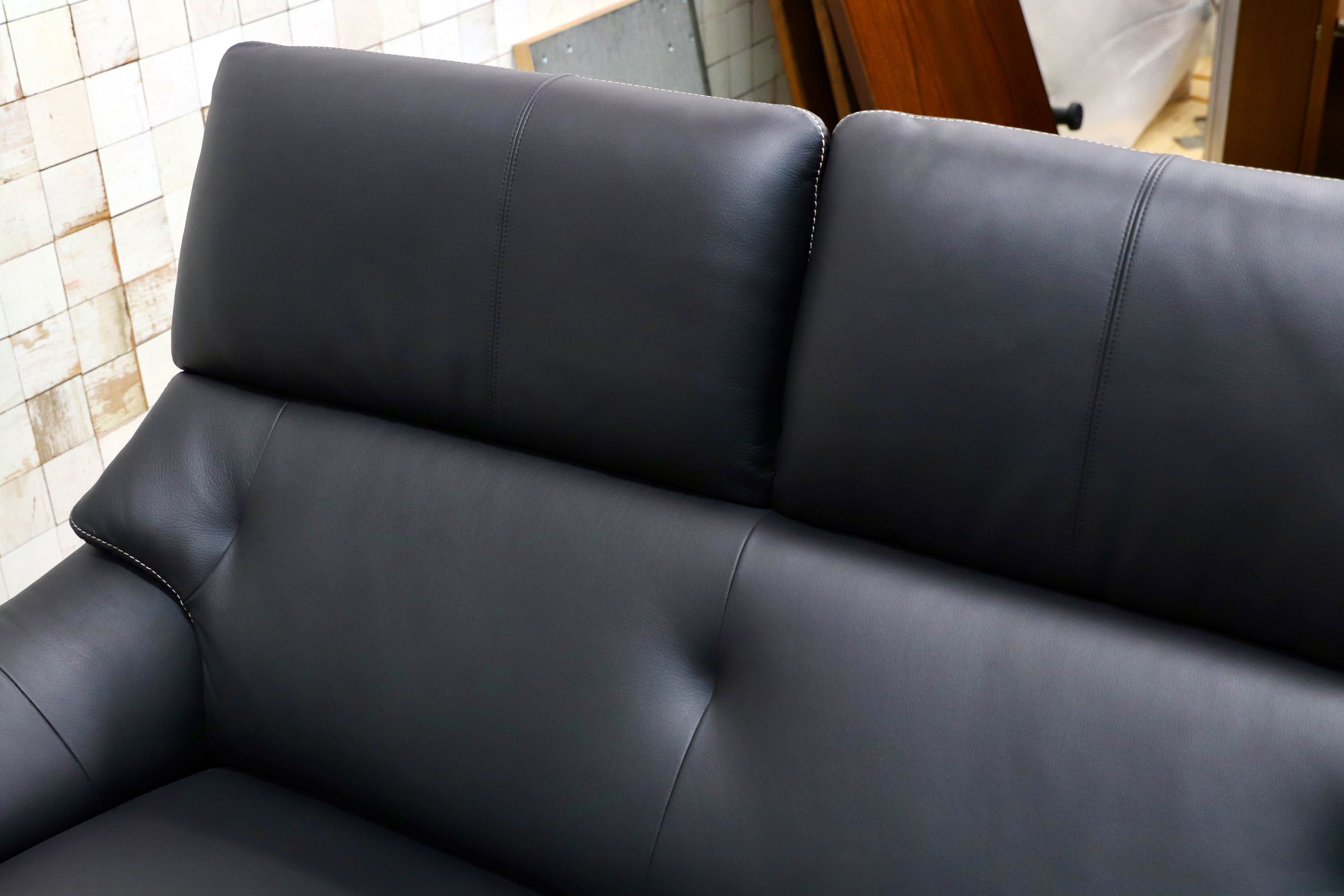 GMIS426C○karimoku / カリモク ZU62 3人掛けソファ トリプルソファ 本革 レザー ネイビー色 ウォールナットフレーム 長椅子 定価約44.7万