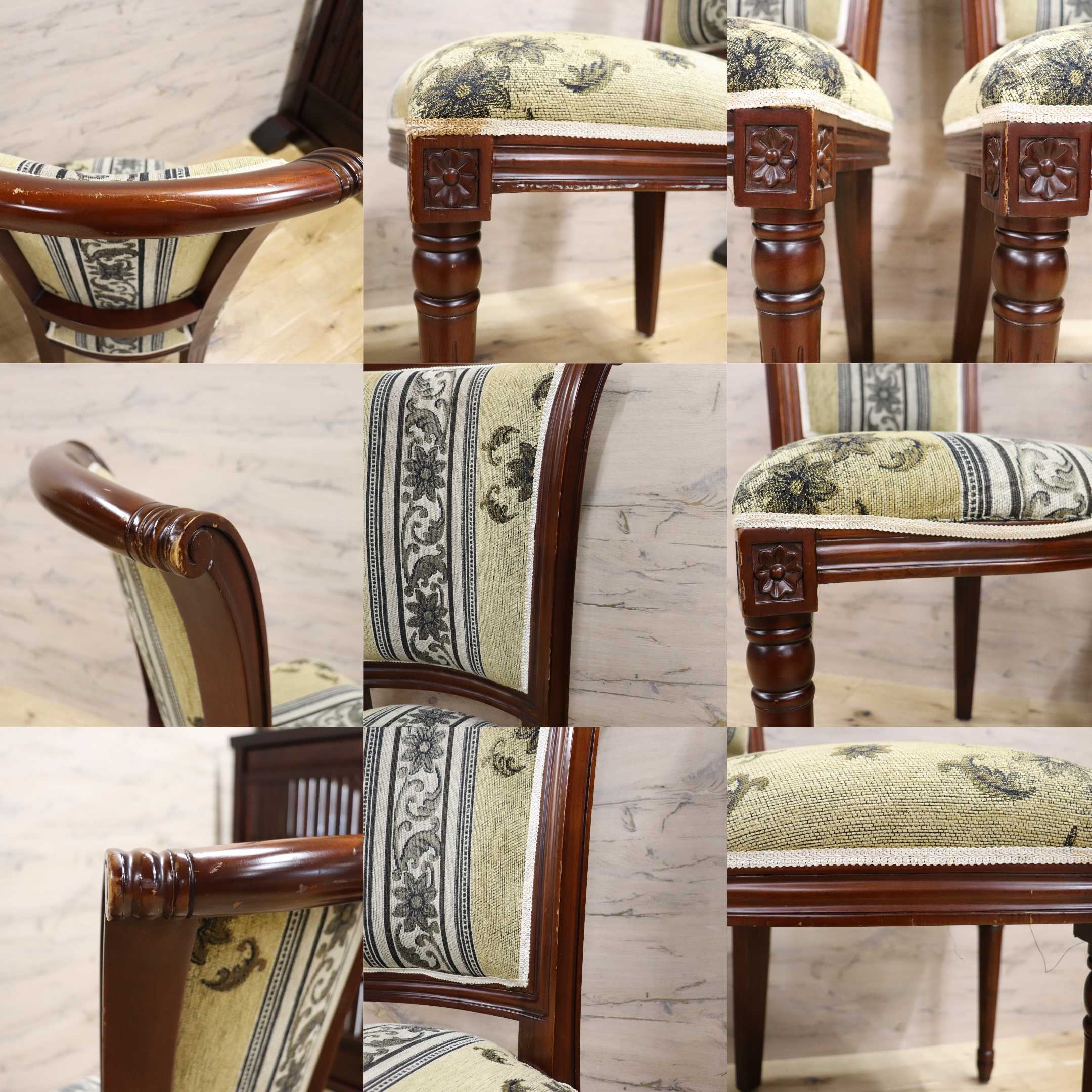 GMGN488R○イタリア製 ダイニングチェア アームレスチェア 椅子 マホガニー材 ファブリック 花柄 クラシック 西洋 ヨーロピアン 2脚セット
