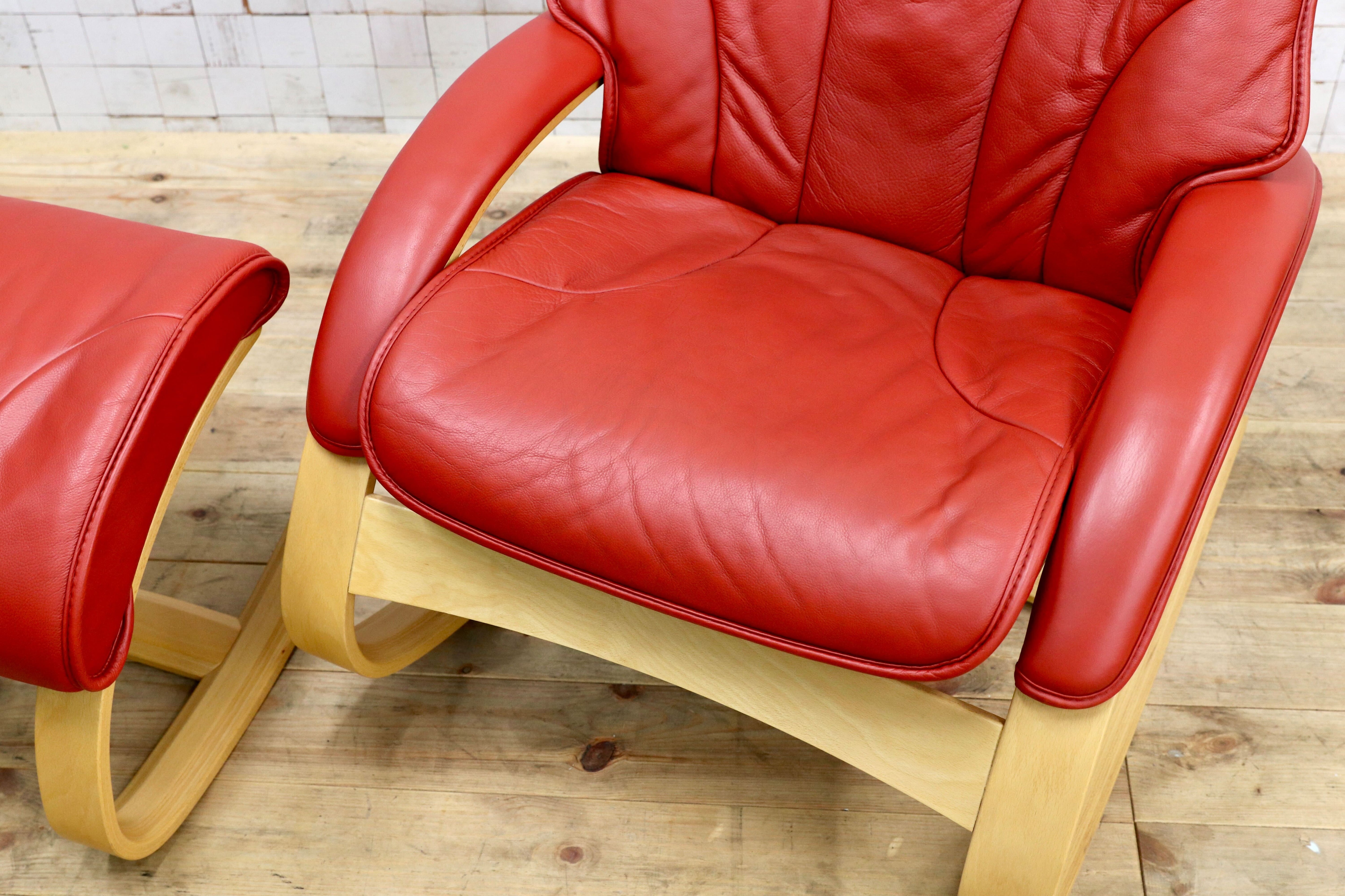 GMIK774○Simmons / シモンズ Fjords フィヨルド イエリアーダ ロッキングチェア パーソナルチェア 赤 本革 北欧 ノルウェー 稀少