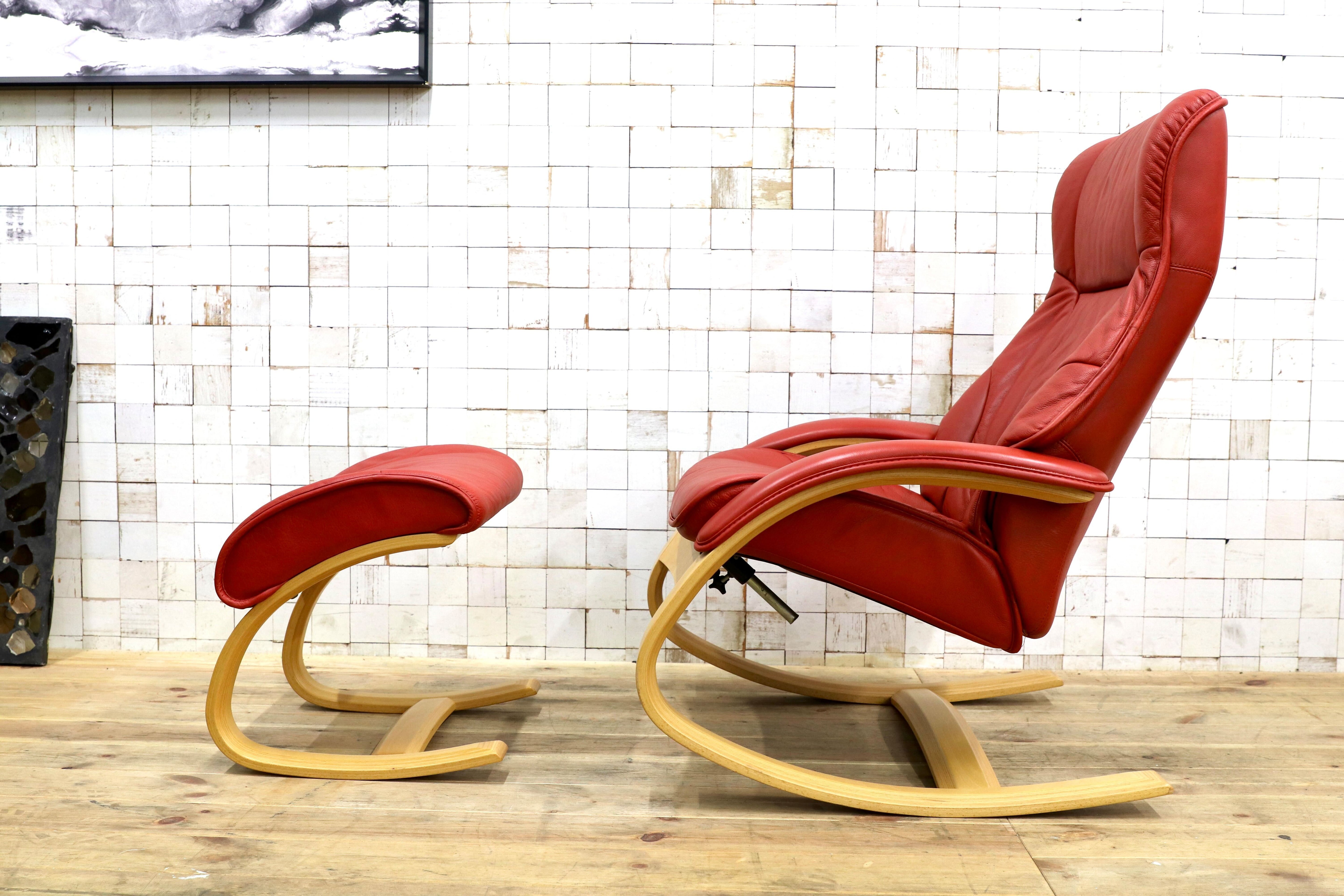 GMIK774○Simmons / シモンズ Fjords フィヨルド イエリアーダ ロッキングチェア パーソナルチェア 赤 本革 北欧 ノルウェー 稀少