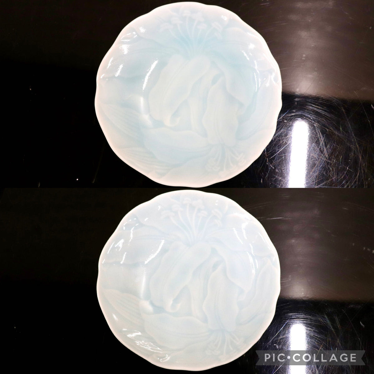 GMJO141P◯有田焼 文三窯 青白磁 輪花皿 菊花皿 フリルプレート 小皿 和食器 陶器 在銘 伝統工芸 和モダン 4枚セット