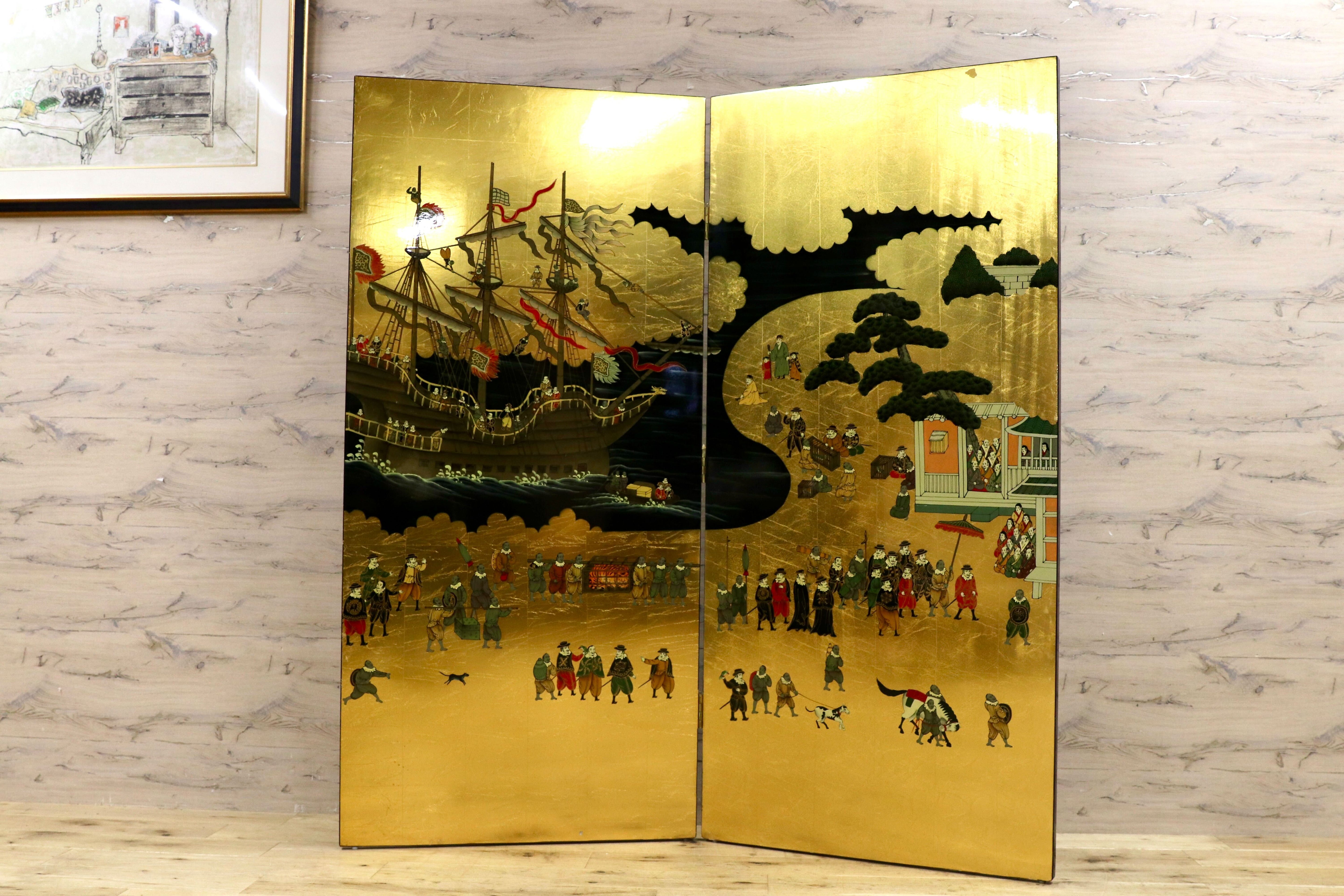 GMIS454○南蛮屏風 金屏風 衝立 パーテーション オブジェ アンティーク 2曲