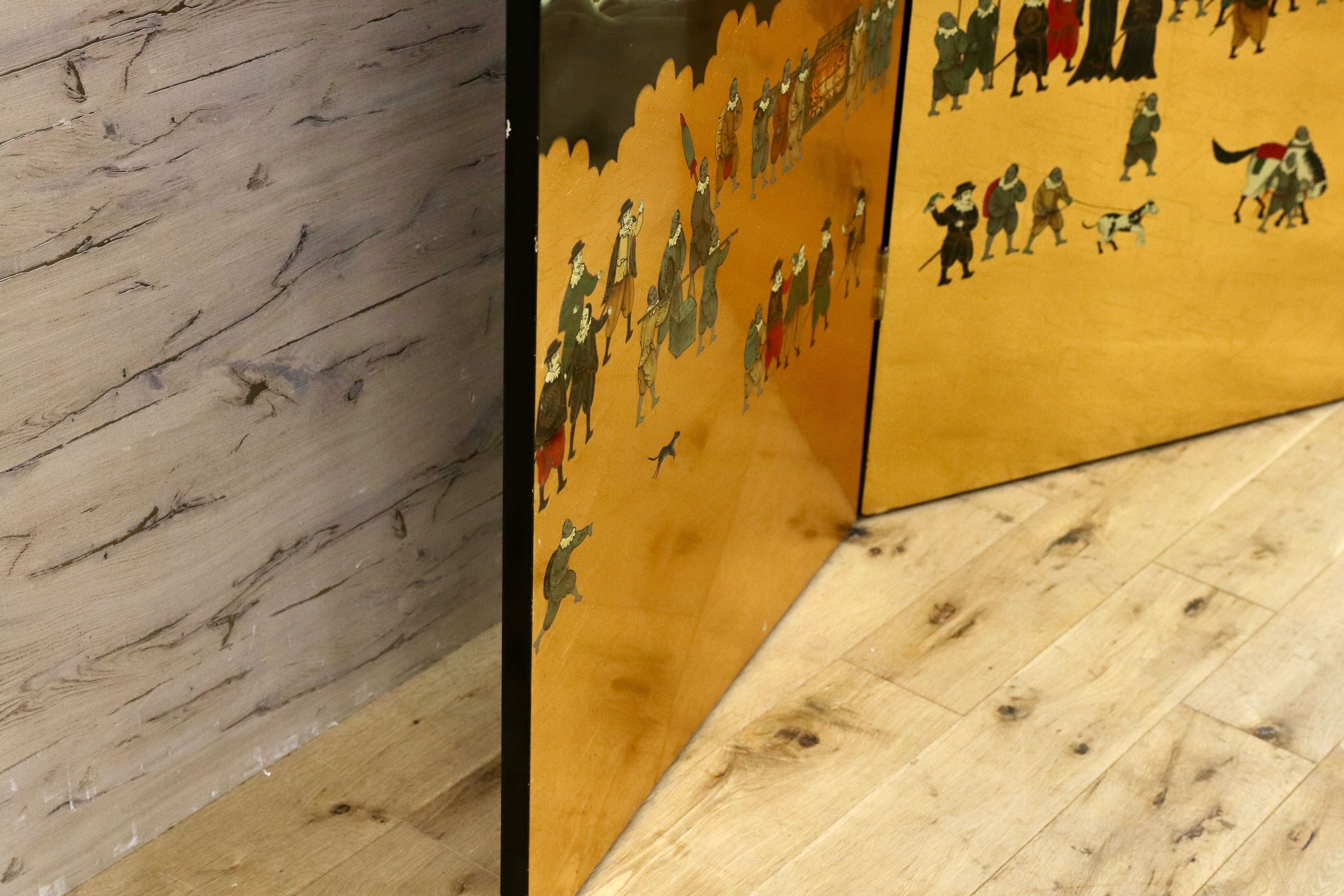 GMIS454○南蛮屏風 金屏風 衝立 パーテーション オブジェ アンティーク 2曲