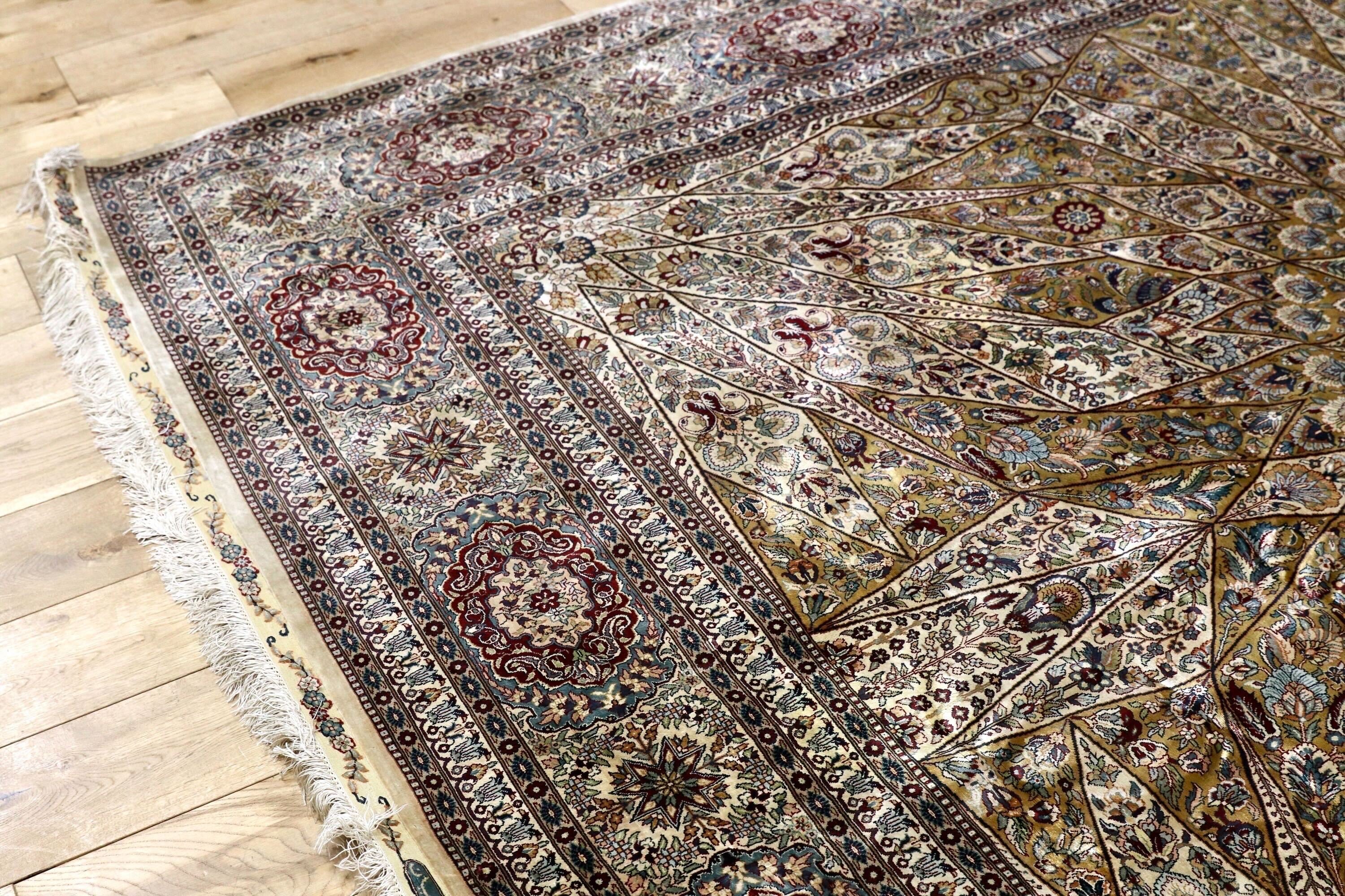 GMIK803○トルコ ヘレケ ペルシャ絨毯 シルク 手織り 大判 最高級 ヴィンテージ ラグ マット 工房サイン有 約300万