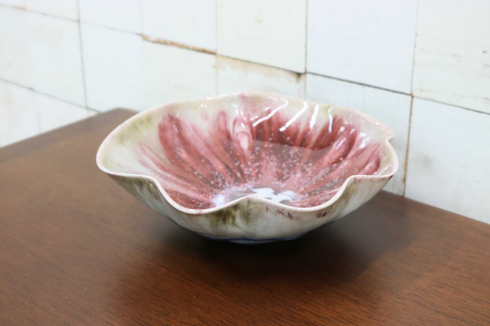 GMJO85B○千代市陶房 清水万佐年 丹波焼 辰砂輪花鉢 陶器 伝統工芸 丹波篠山 未使用