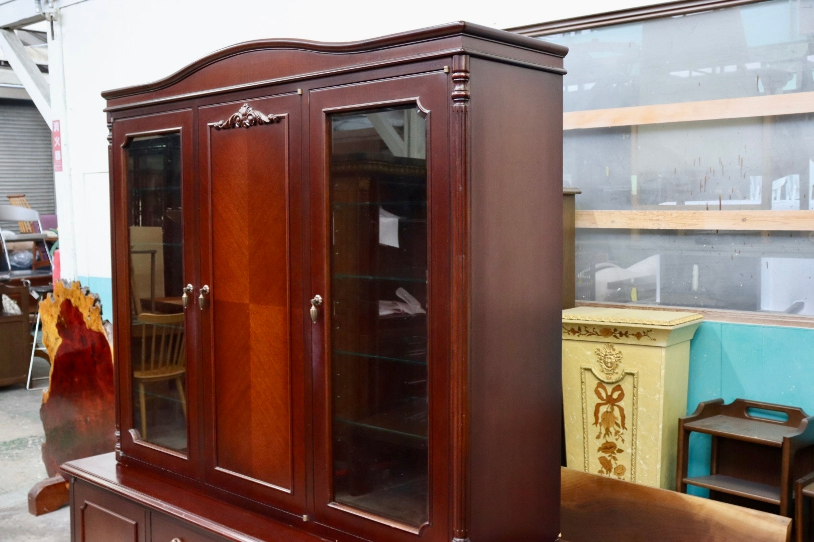 GMIH537○メープル不二屋 神戸元町欧風家具 大型カップボード キャビネット 食器棚 飾り棚 マホガニー材 クラシック アンティーク