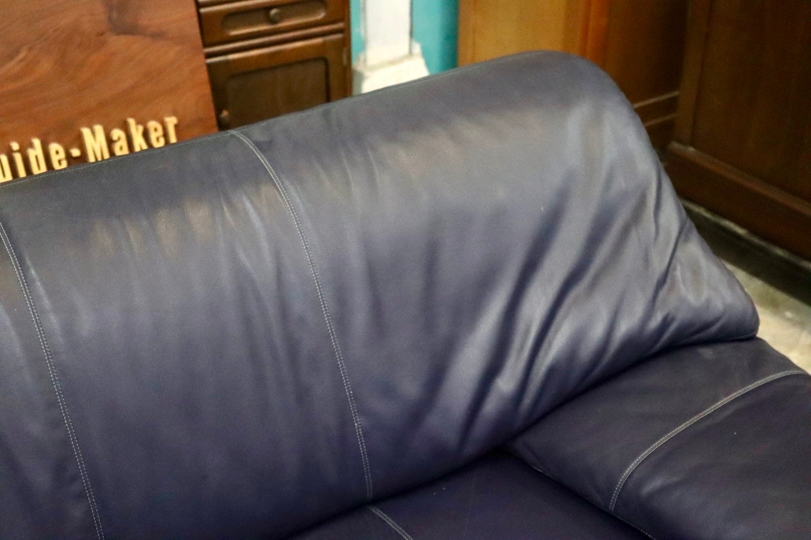 GMFS151○karimoku / カリモク 国産家具 本革張り 3人掛けソファ ダークネイビー ブルー レザーソファ 応接ソファ ヴィンテージ 長椅子