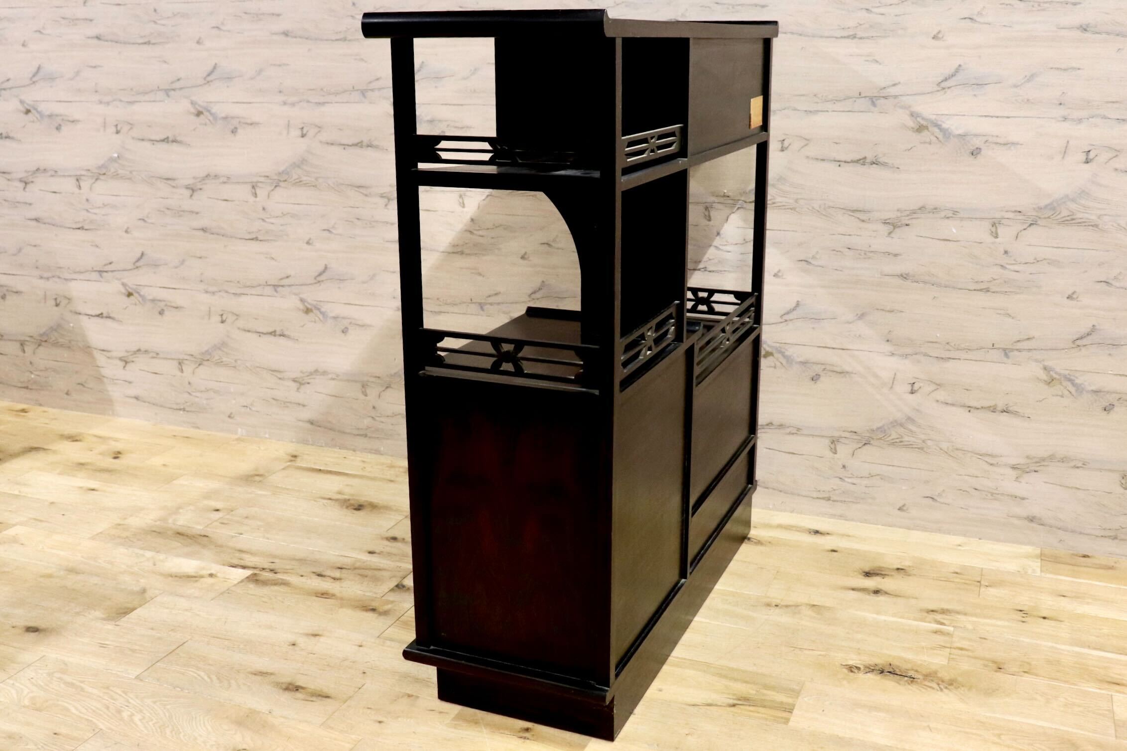 GMIH294○黒檀 飾り棚 透かし彫り 和製 アンティーク 茶棚 飾り棚 サイドボード キャビネット 茶道具 茶道 棚 置き台 華道