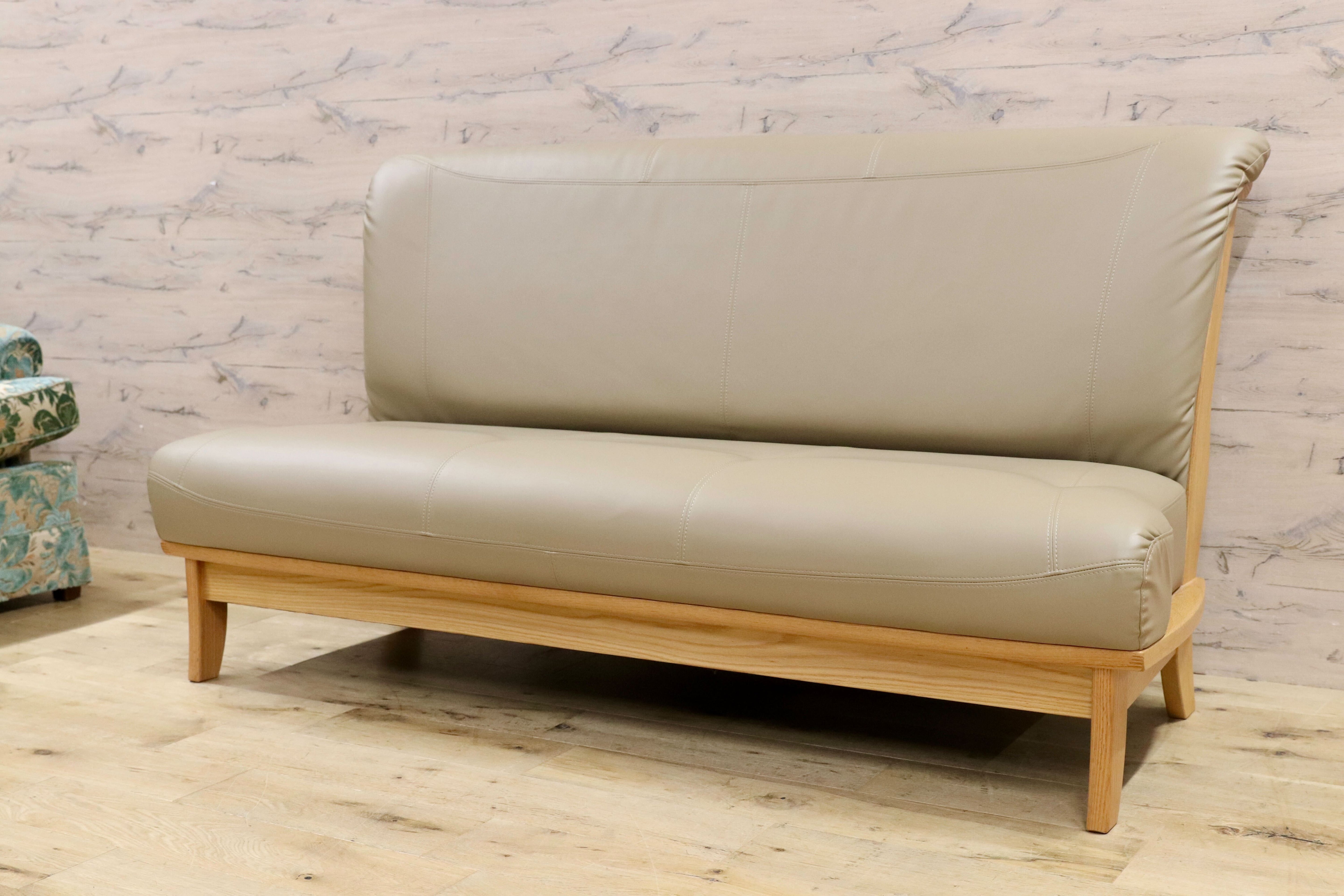 GMIS483D○NAGANO INTERIOR / ナガノインテリア 3人掛けソファ リビングソファ ベンチソファ トリプルソファ オーク材 合皮 美品