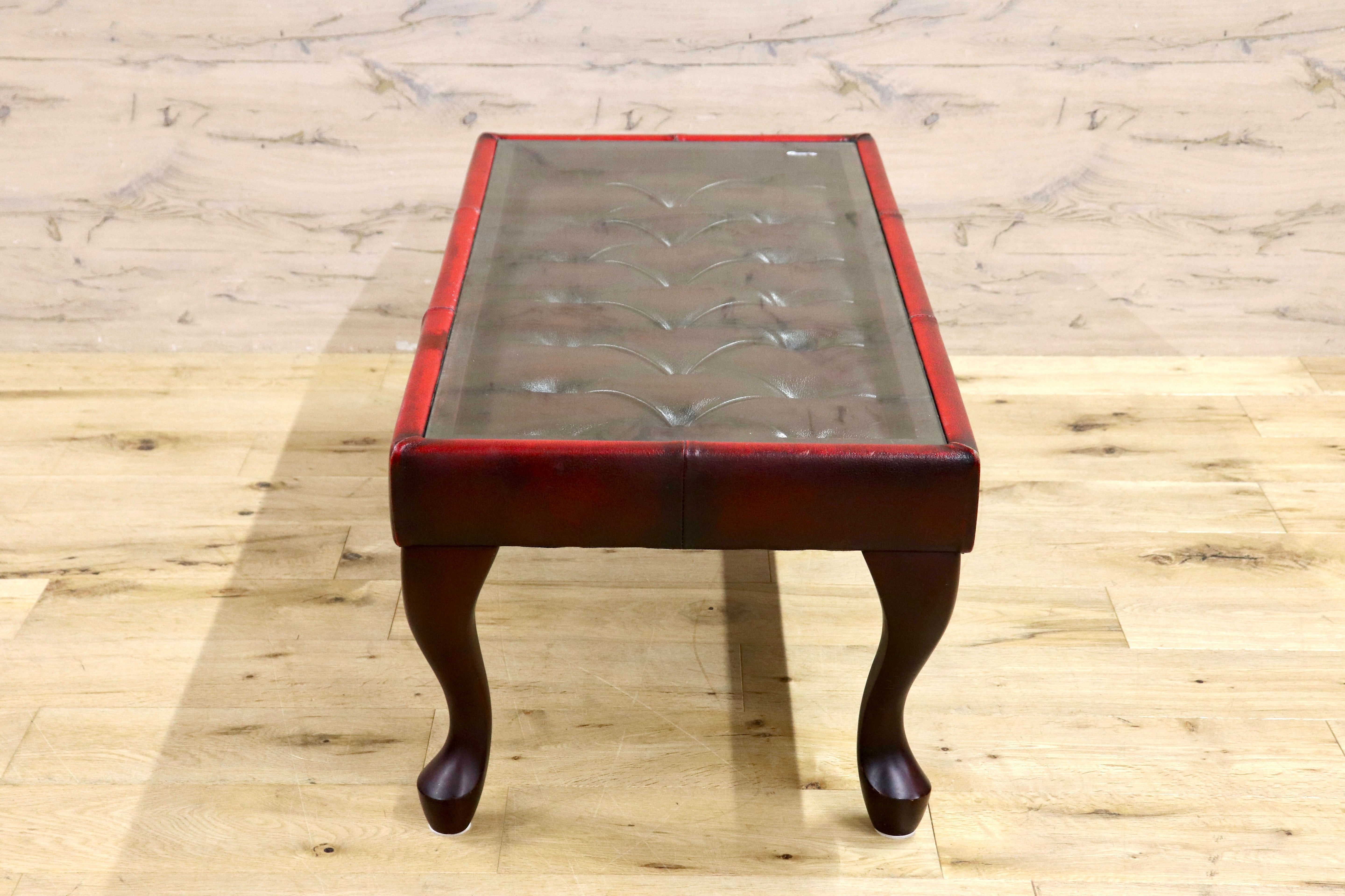 GMIH299B○チェスターフィールド センターテーブル リーズ コーヒーテーブル ガラストップ レザー 猫脚 ヴィンテージ アンティーク 英国