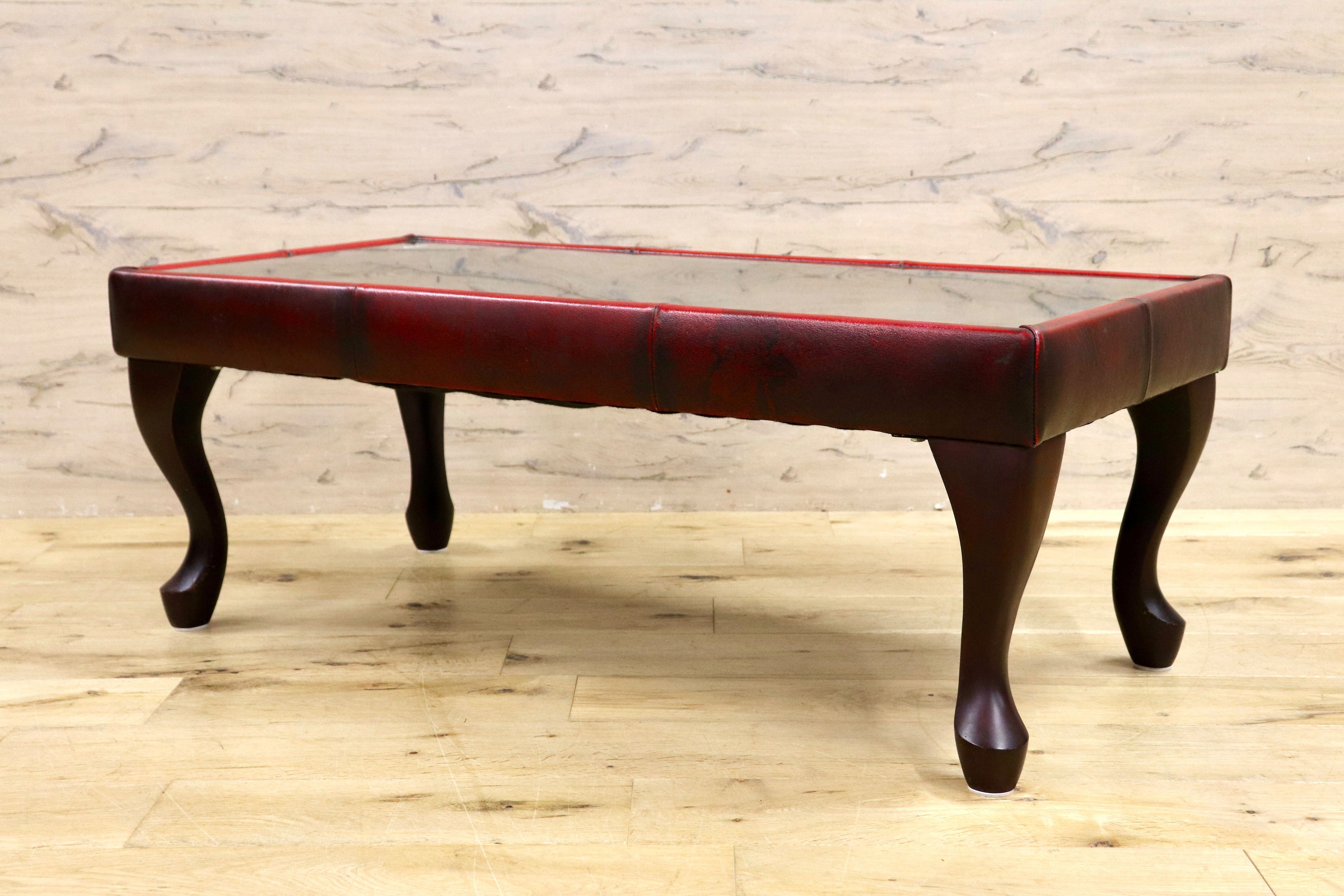 GMIH299B○チェスターフィールド センターテーブル リーズ コーヒーテーブル ガラストップ レザー 猫脚 ヴィンテージ アンティーク 英国