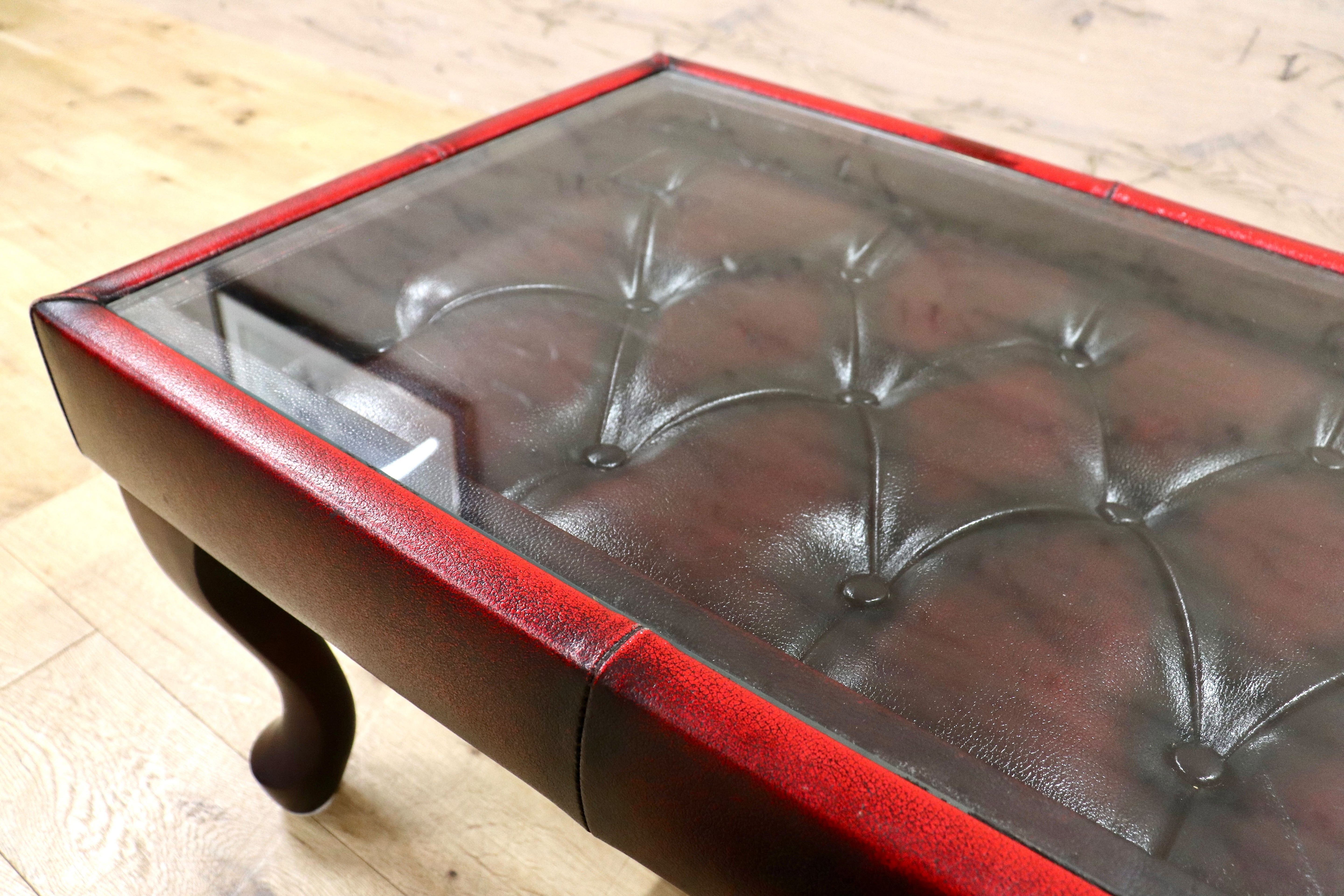 GMIH299B○チェスターフィールド センターテーブル リーズ コーヒーテーブル ガラストップ レザー 猫脚 ヴィンテージ アンティーク 英国