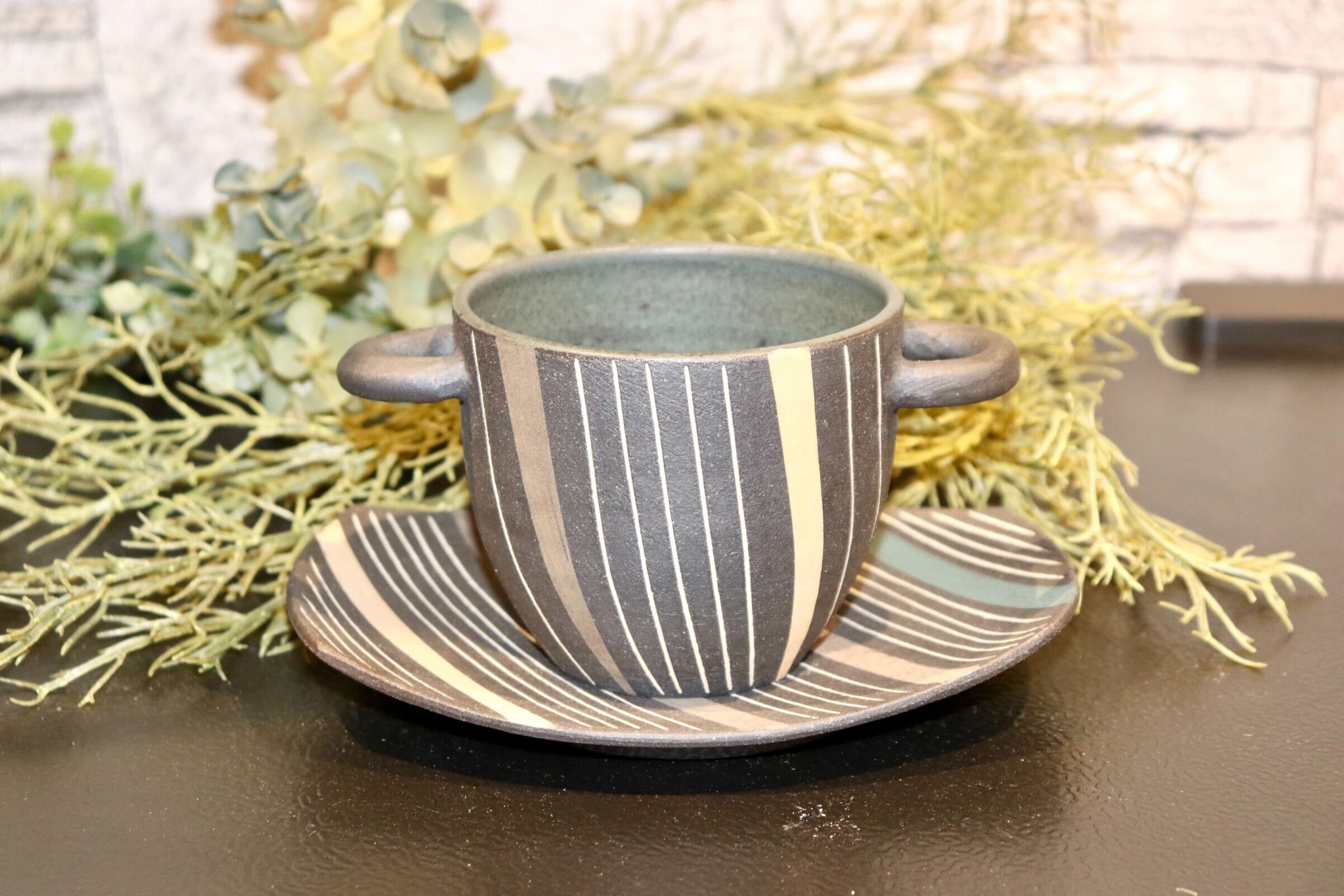 GMIO215◯市野悟窯 丹波焼 スープカップ&ソーサー 陶器 市野哲次 伝統工芸 丹波篠山 未使用