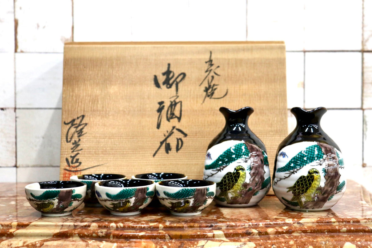 GMJS271N〇九谷焼 隆光窯 色絵 鳥文 瓢箪型 徳利 盃 酒器揃 徳利2本 盃5客 共箱 九谷焼 陶磁器