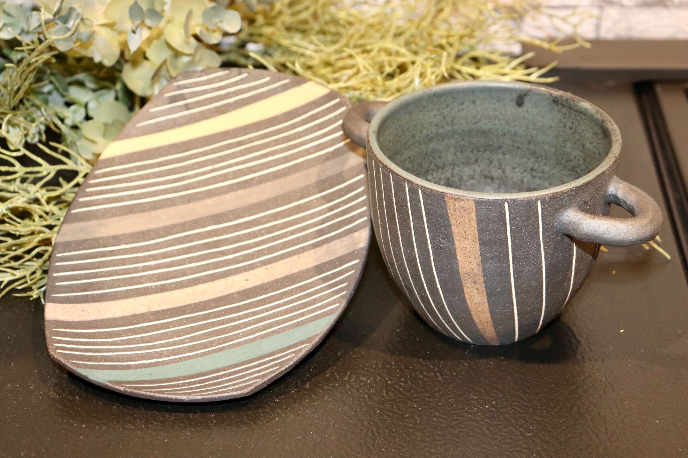 GMIO215◯市野悟窯 丹波焼 スープカップ&ソーサー 陶器 市野哲次 伝統工芸 丹波篠山 未使用