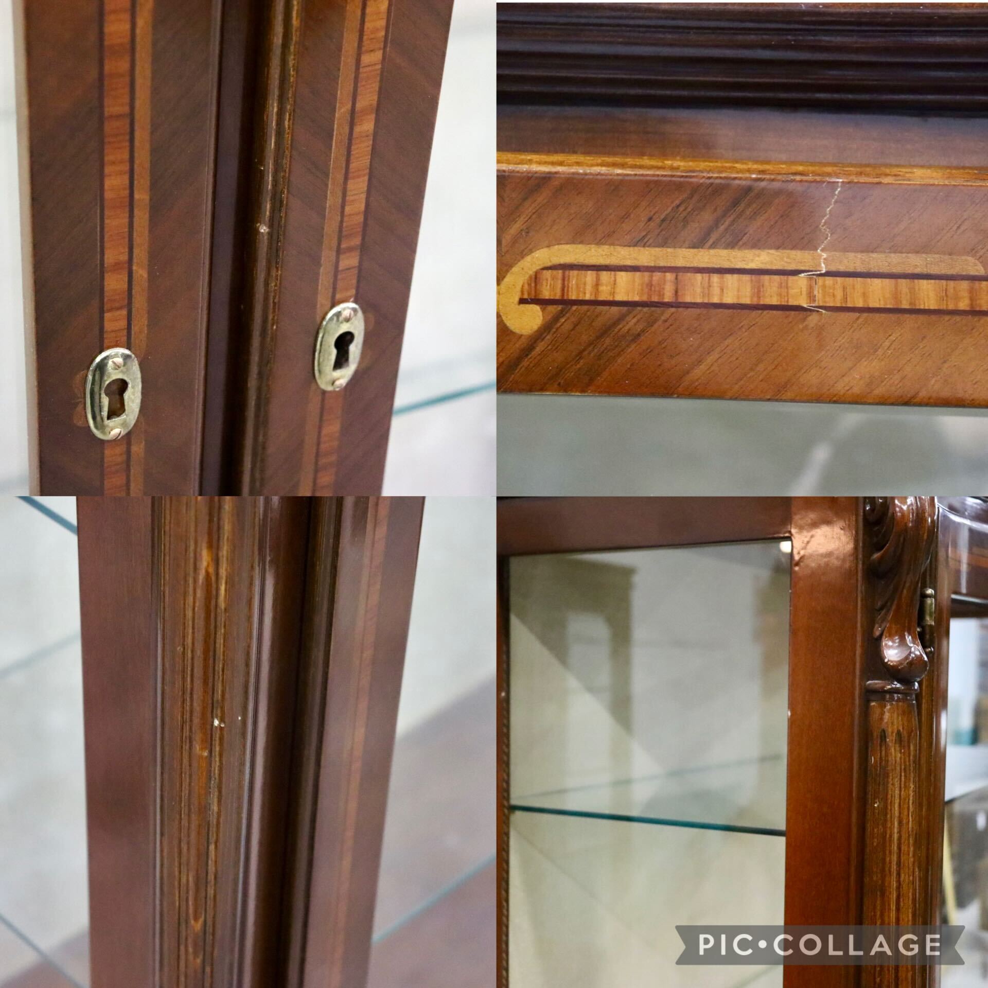 GMIH374○イタリア製 キュリオケース ガラスキャビネット 飾り棚 ショーケース コレクションボード 輸入家具 象嵌細工 最高級 美品