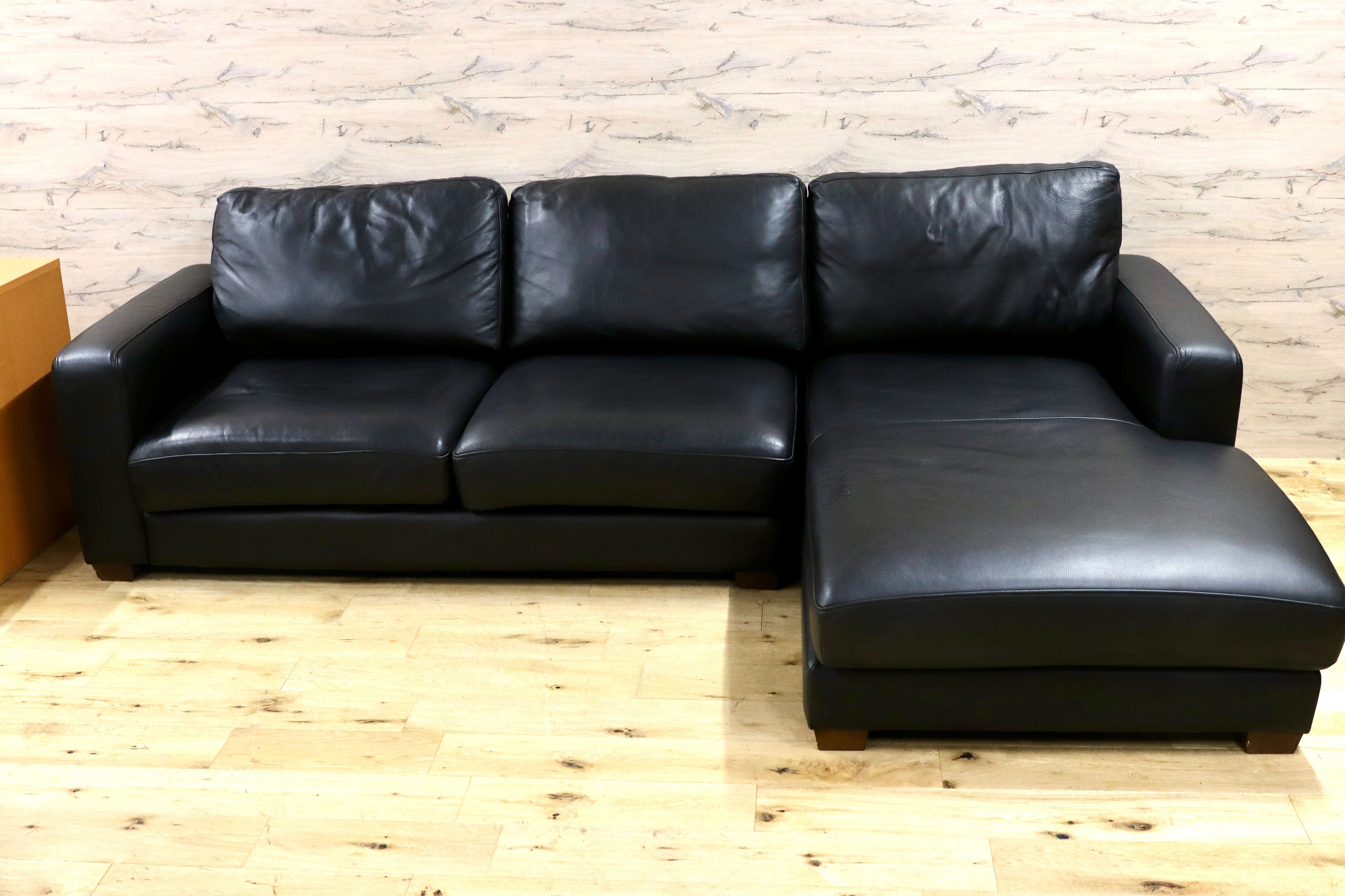 GMHN187○本革 黒 カウチソファ コーナーソファ リビングソファ スタイリッシュモダン 約23万