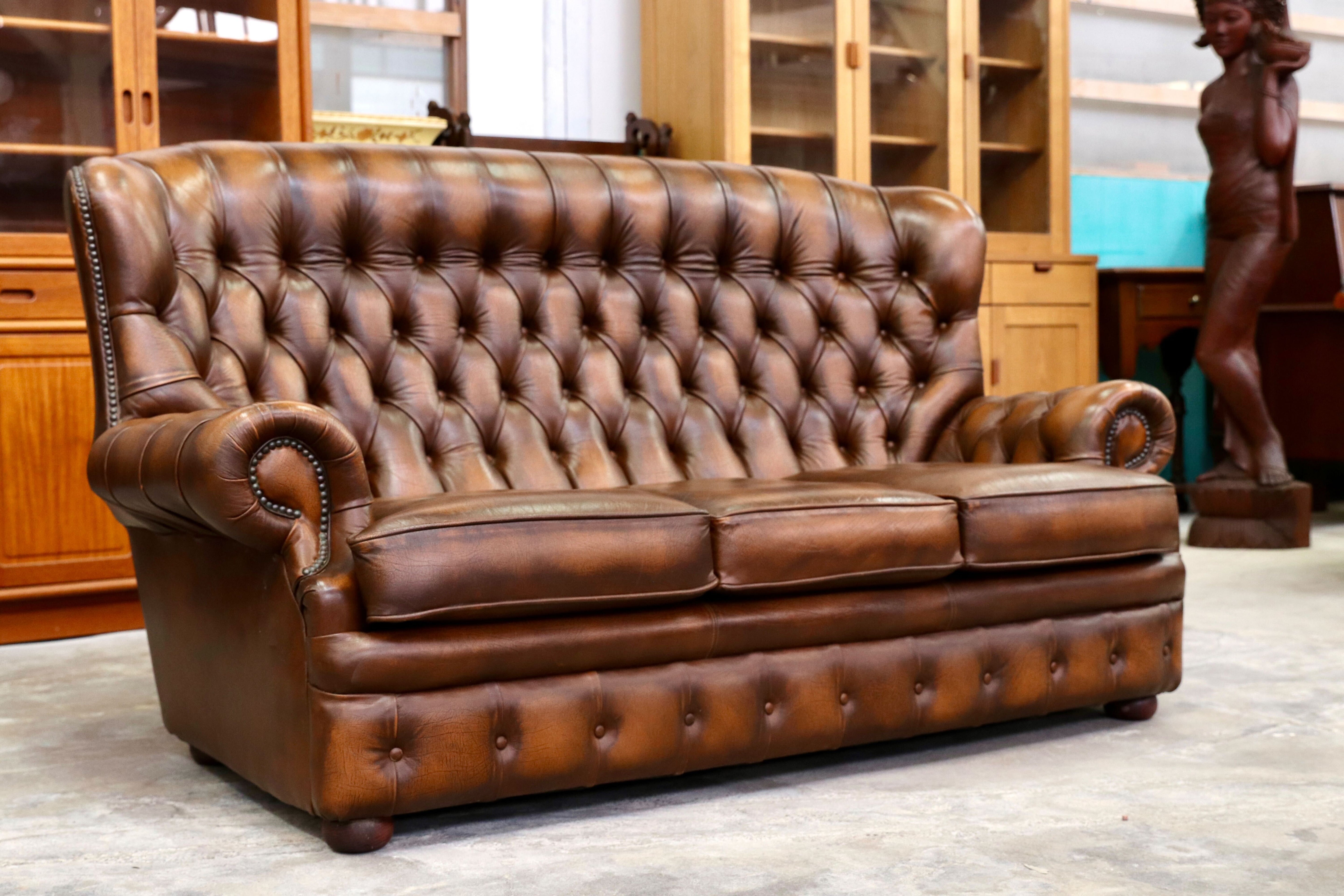 GMIK400C○centurion furniture 西洋 イギリス ヴィンテージ 3人掛けソファ トリプルソファ 長椅子 本革 ブラウン レザー 稀少