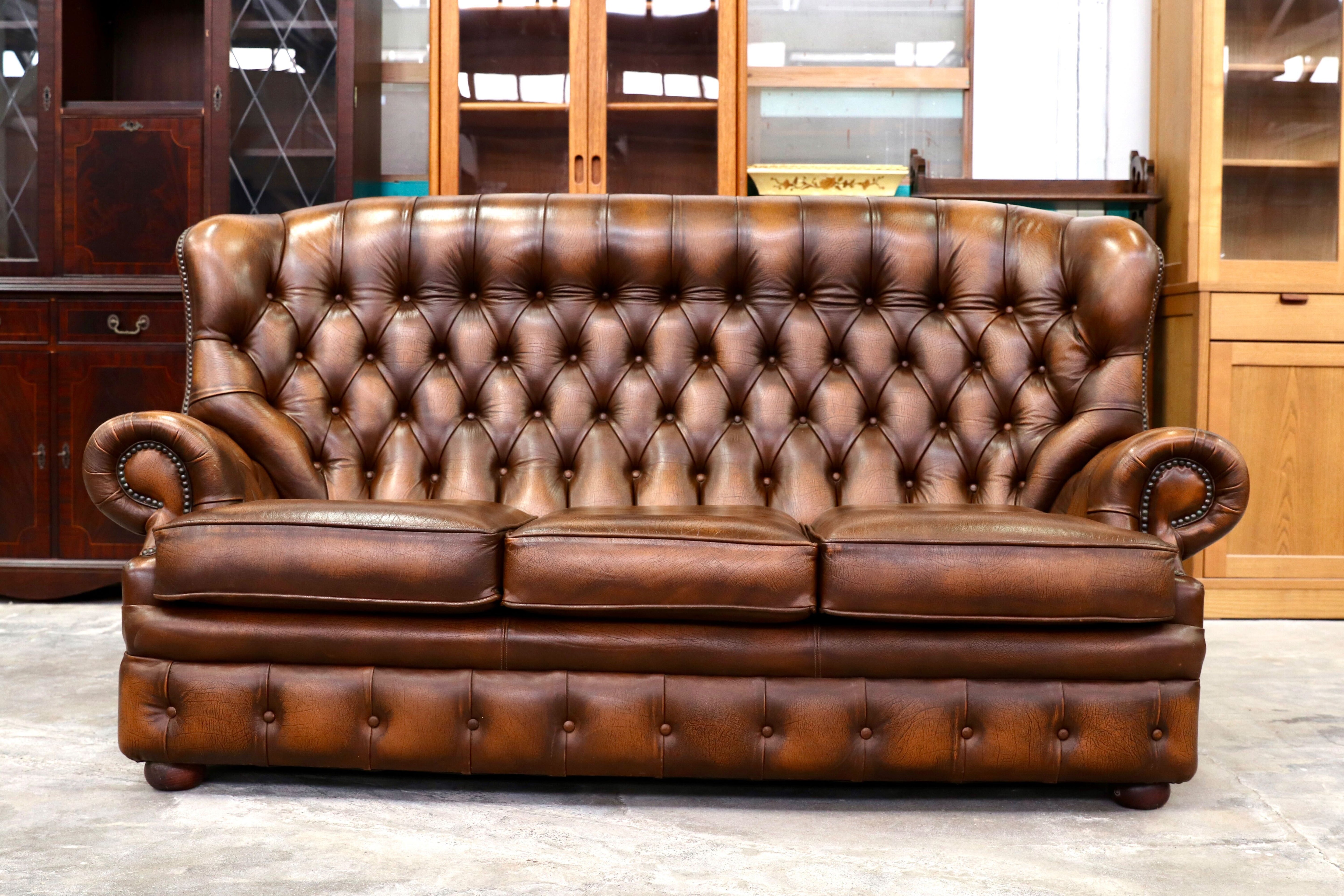 GMIK400C○centurion furniture 西洋 イギリス ヴィンテージ 3人掛けソファ トリプルソファ 長椅子 本革 ブラウン レザー 稀少