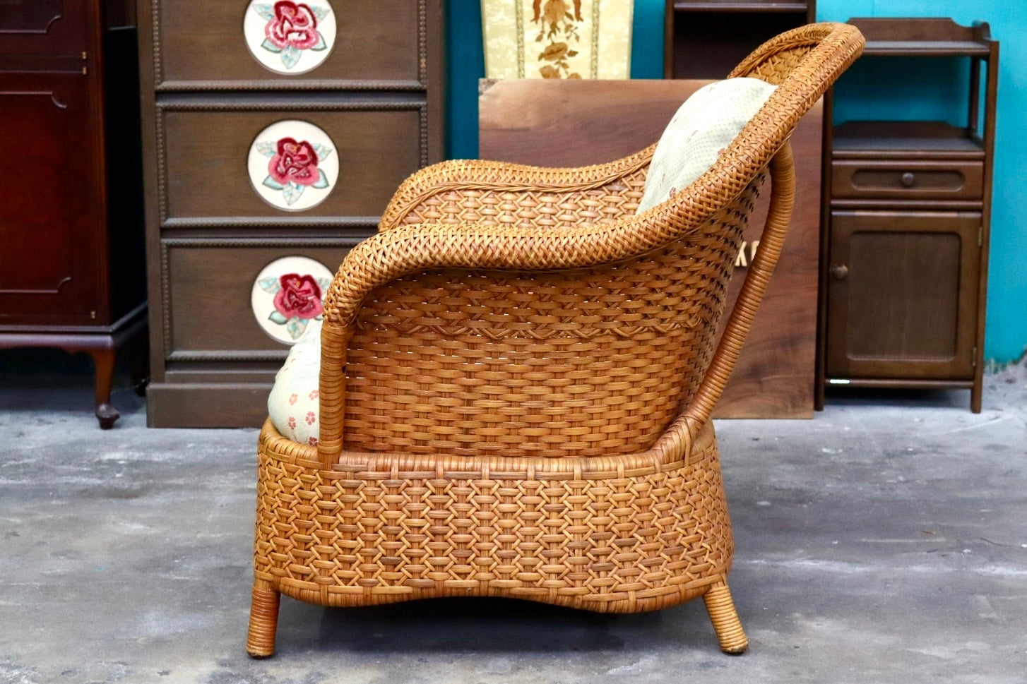 GMJH218D○てづくりぐみ ラタンソファ 1人掛けソファ シングルソファ ファブリック 椅子 昭和レトロ アンティーク 稀少