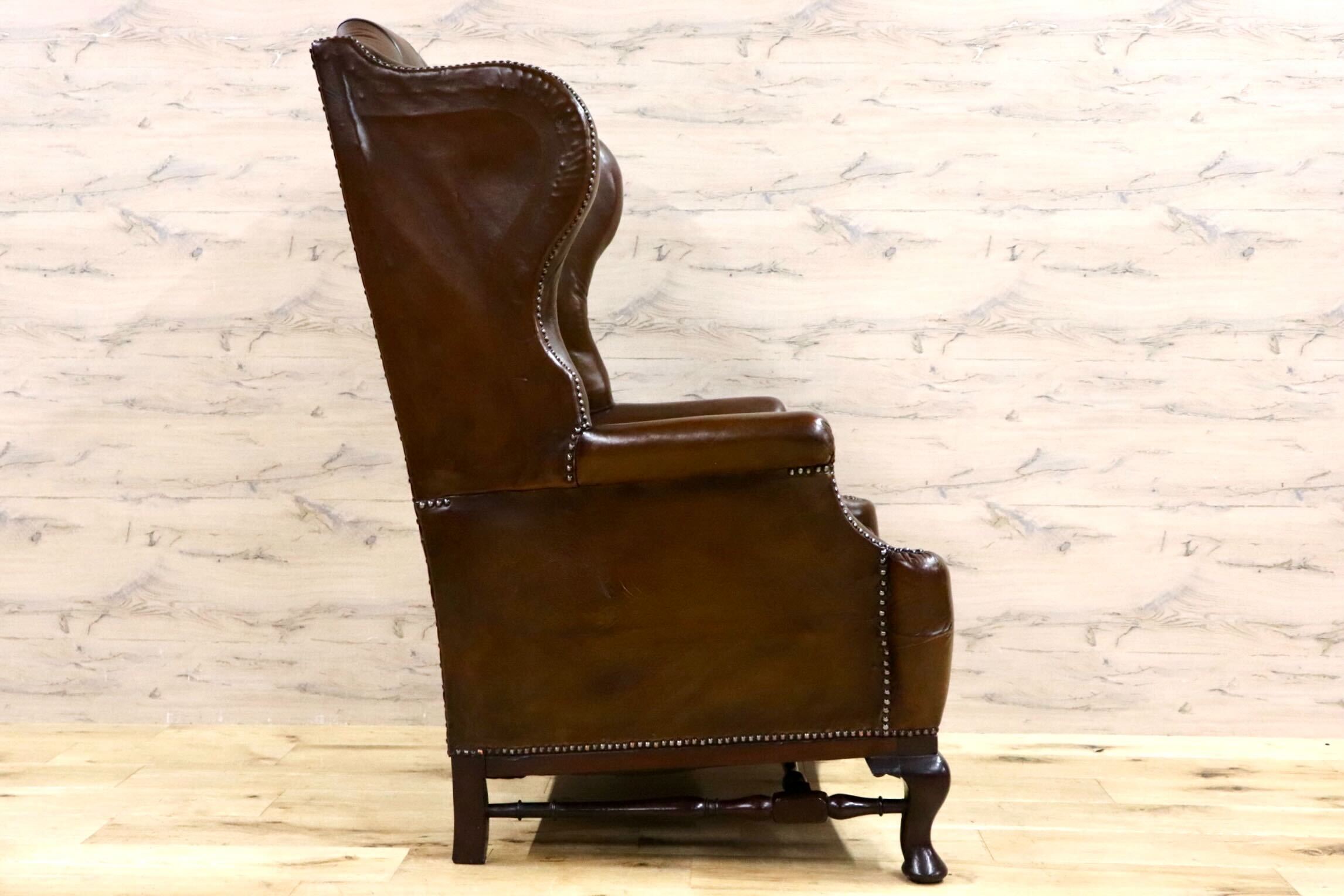 GMHH217○英国 アンティーク チェスターフィールド ウィングバッグ 1人掛けソファ シングルソファ 鋲打ち 本革 ブラウン ヴィンテージ