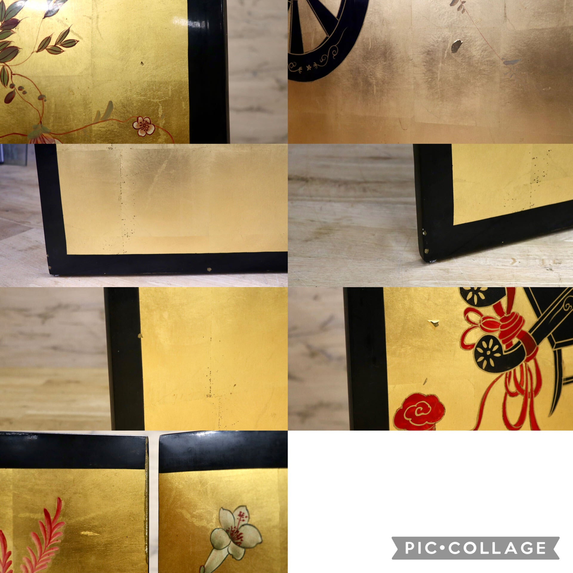 GMIK223○衝立 二曲屏風 金屏風 花車図屏風 四季草花屏風 パーテーション 間仕切り 和室 古民家 和モダン アンティーク