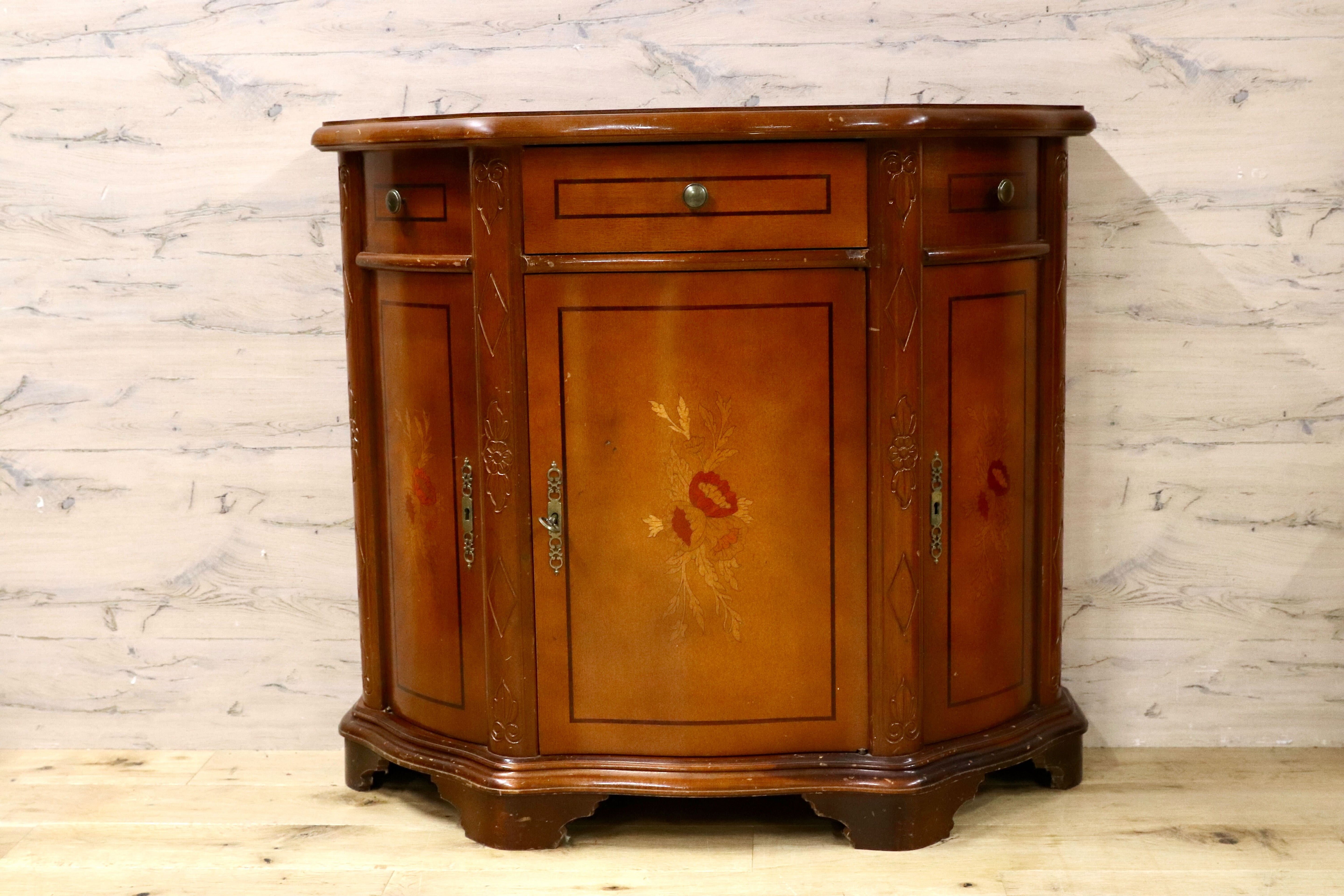 GMIS397○イタリア製 アンティーク サイドチェスト サイドボード リビングボード 象嵌細工 ヴィンテージ 花台 飾り台