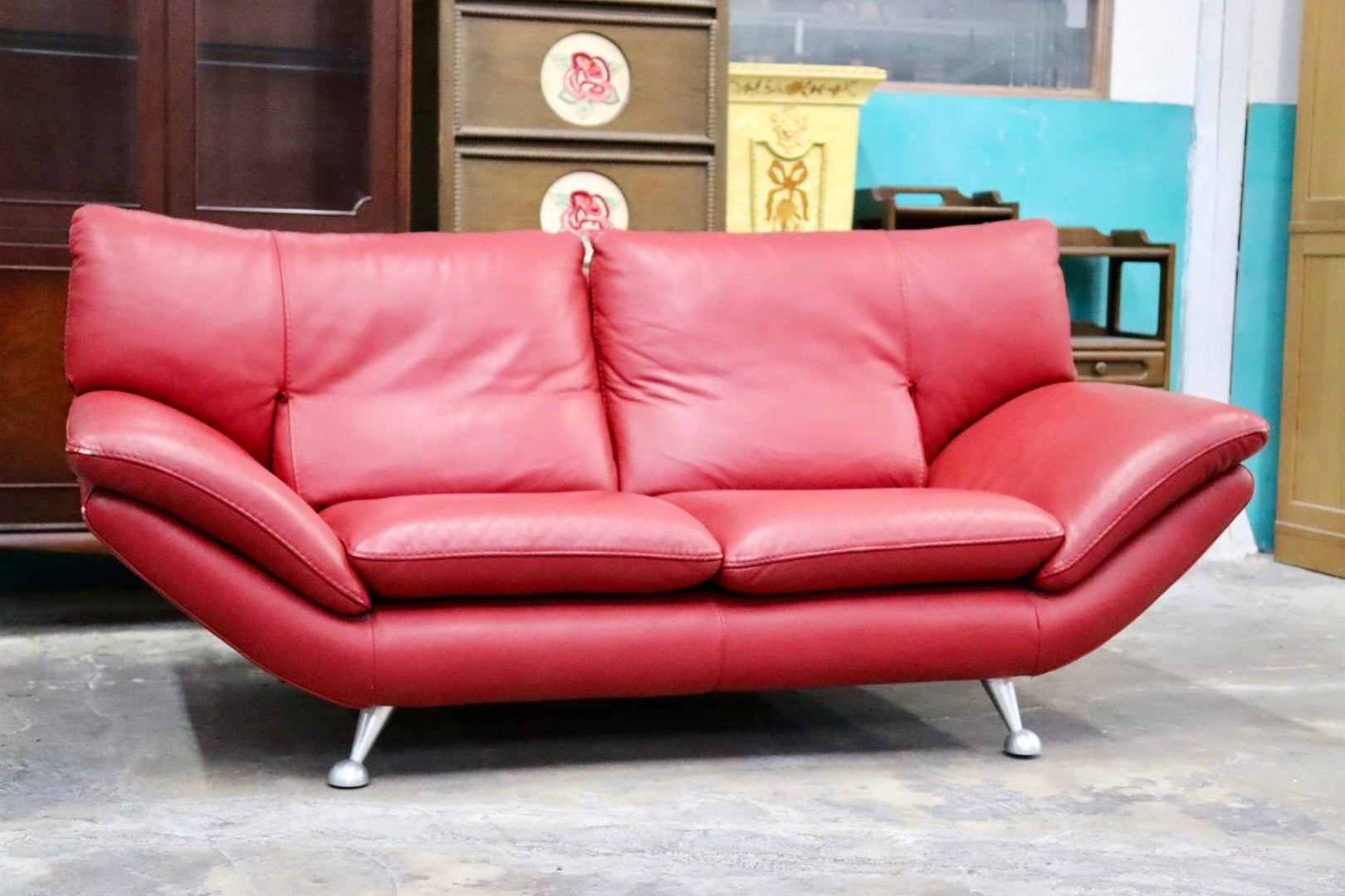 GMJS150○NICOLETTI / ニコレッティ 2人掛けソファ ラブソファ 長椅子 本革 レッド スタイリッシュ モダン 約35万 イタリア