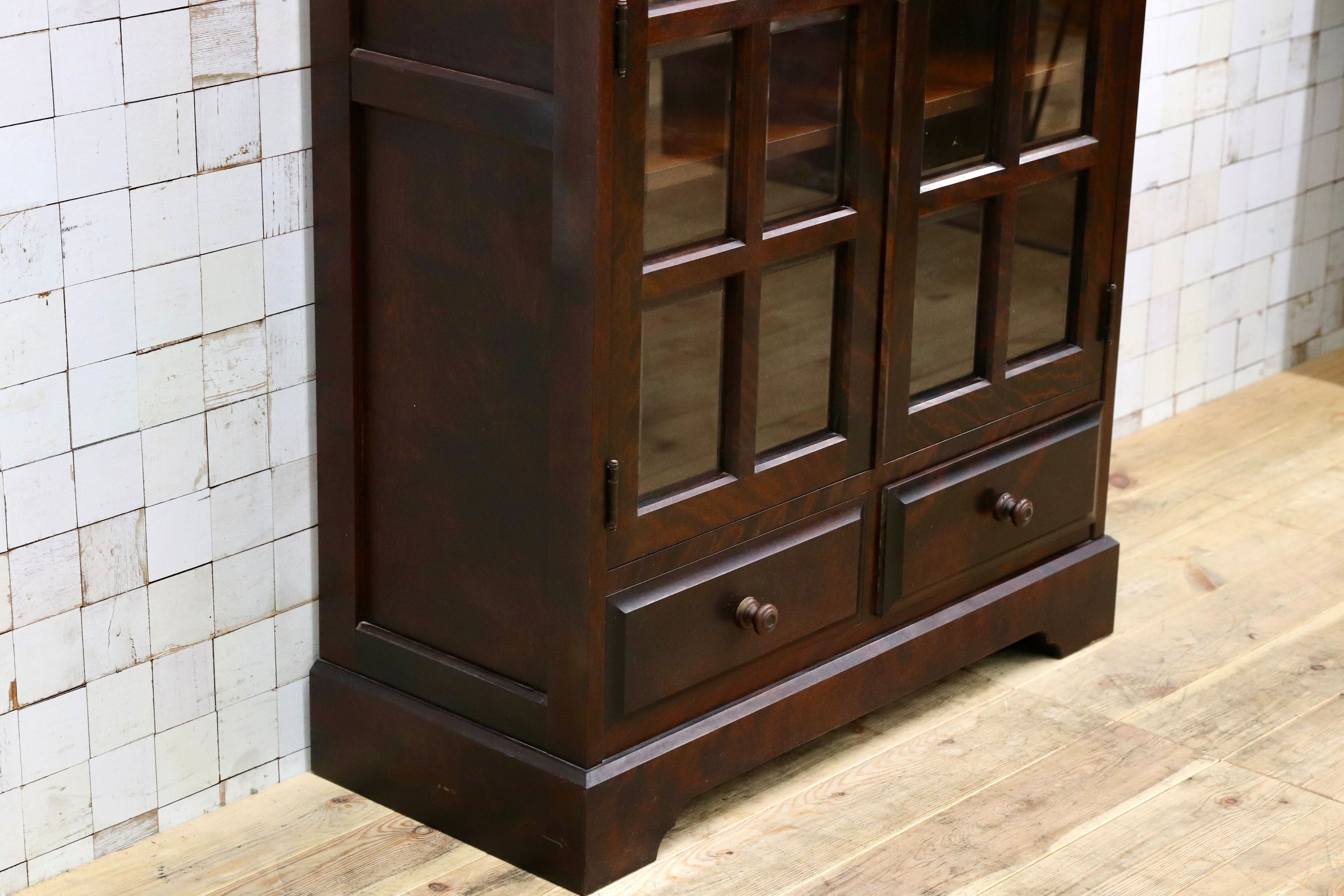 GMIH412○北海道民芸家具 キャビネット 飾り棚 樺材 アンティーク 和家具 レトロ 本棚 ブックキャビネット 食器棚 カップボード