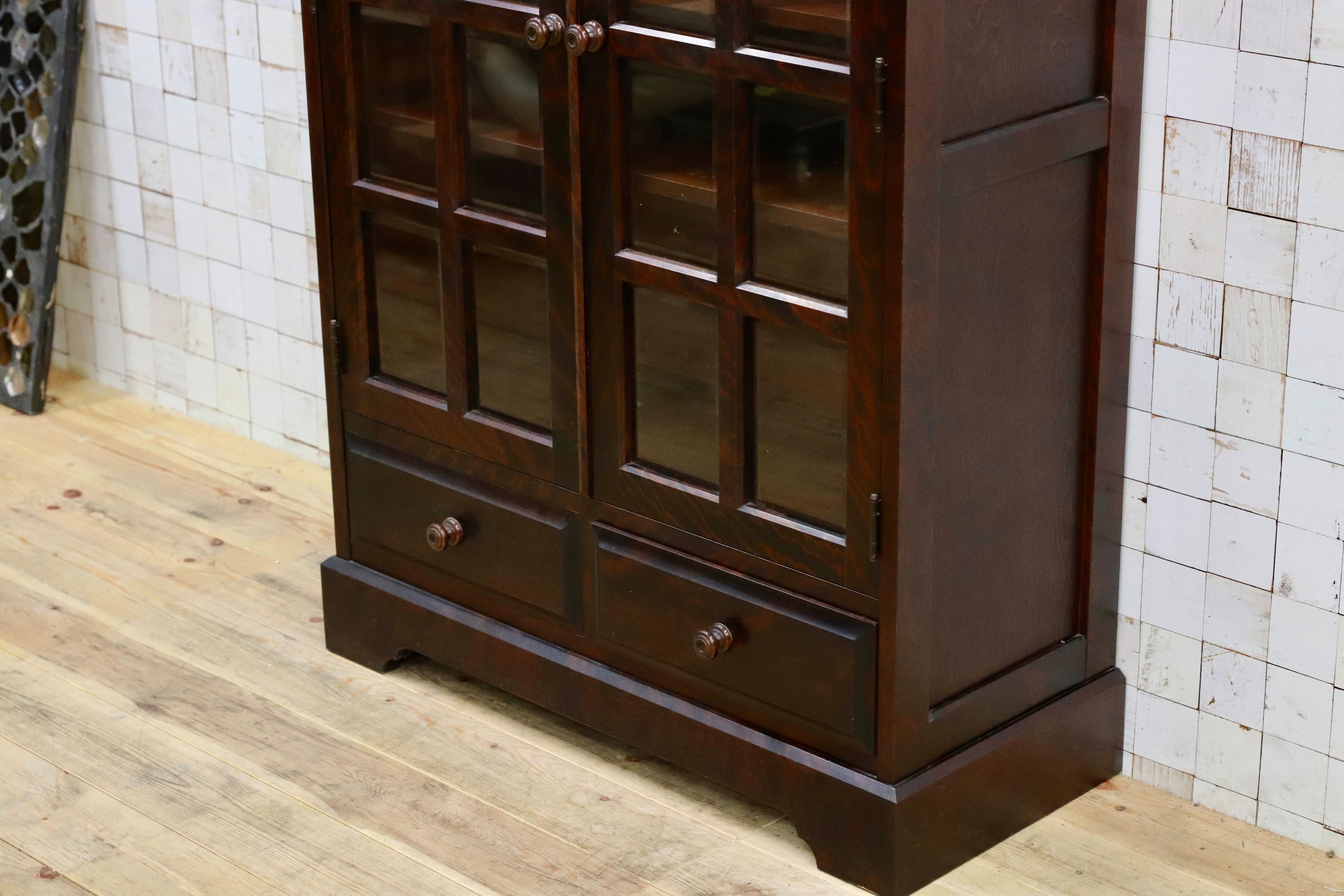 GMIH412○北海道民芸家具 キャビネット 飾り棚 樺材 アンティーク 和家具 レトロ 本棚 ブックキャビネット 食器棚 カップボード