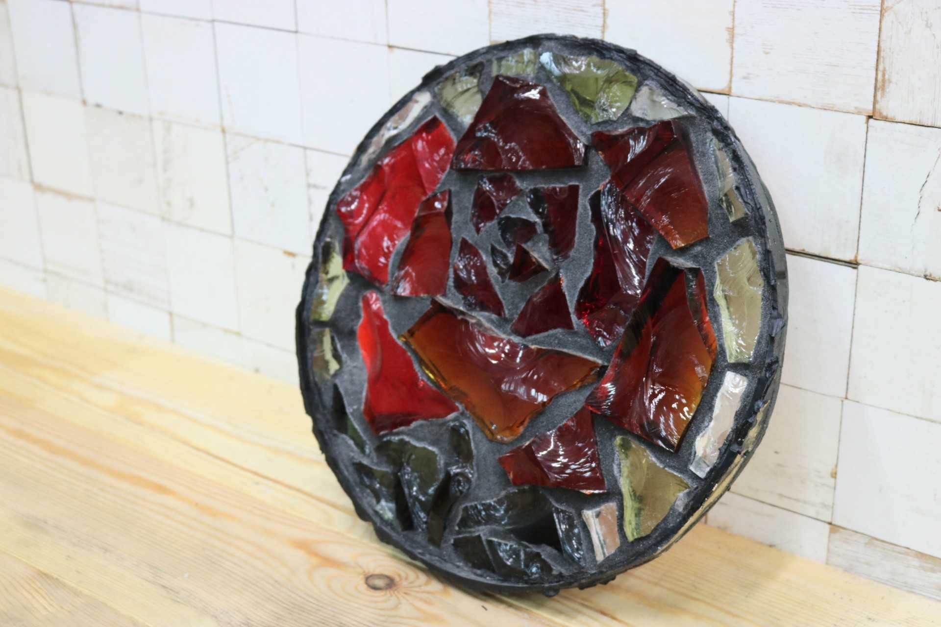 GMIK521C○三浦啓子 ガラスアート作品 バラ模様 工芸品 アート オブジェ 装飾枠 窓 稀少