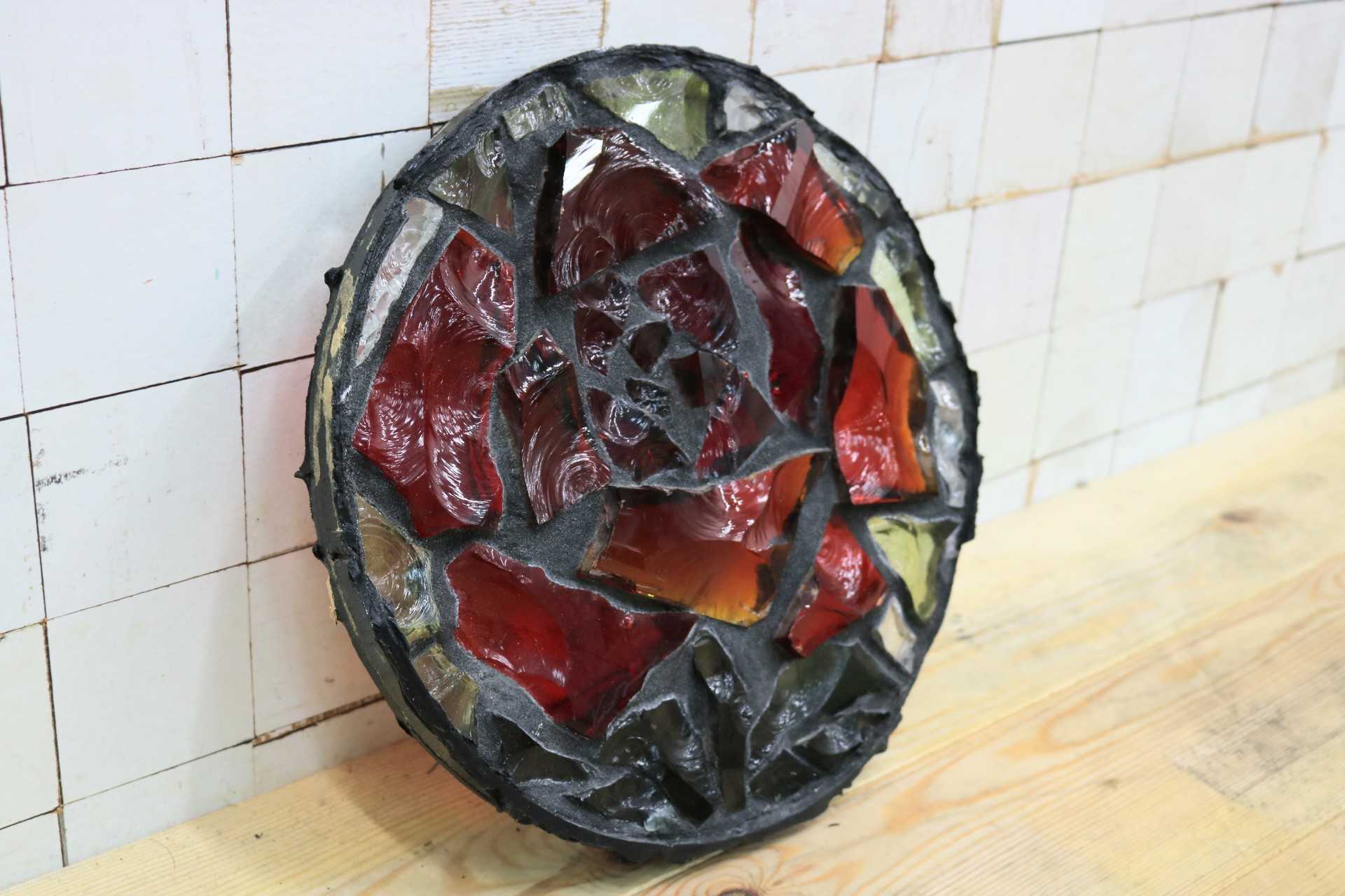 GMIK521C○三浦啓子 ガラスアート作品 バラ模様 工芸品 アート オブジェ 装飾枠 窓 稀少