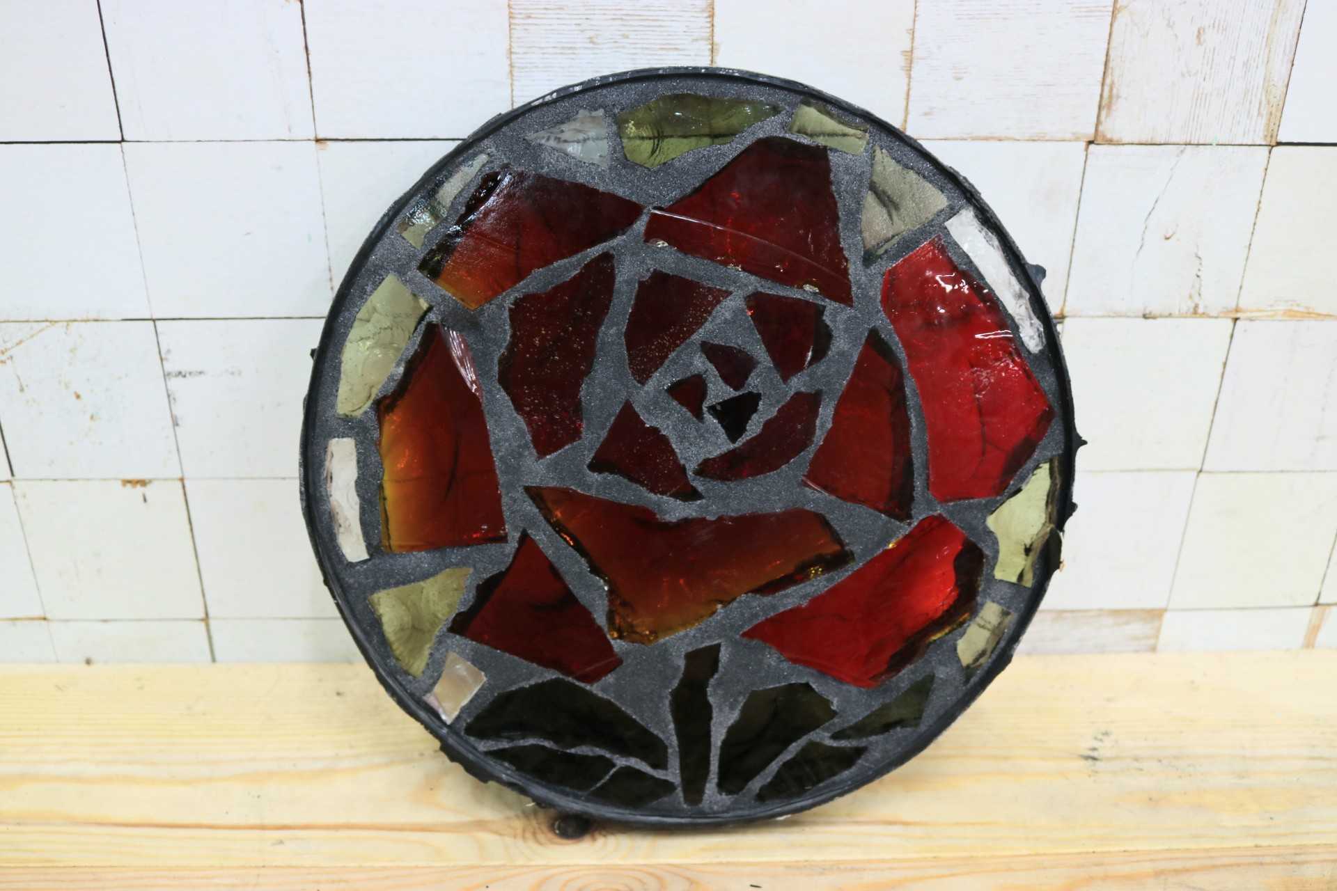 GMIK521C○三浦啓子 ガラスアート作品 バラ模様 工芸品 アート オブジェ 装飾枠 窓 稀少