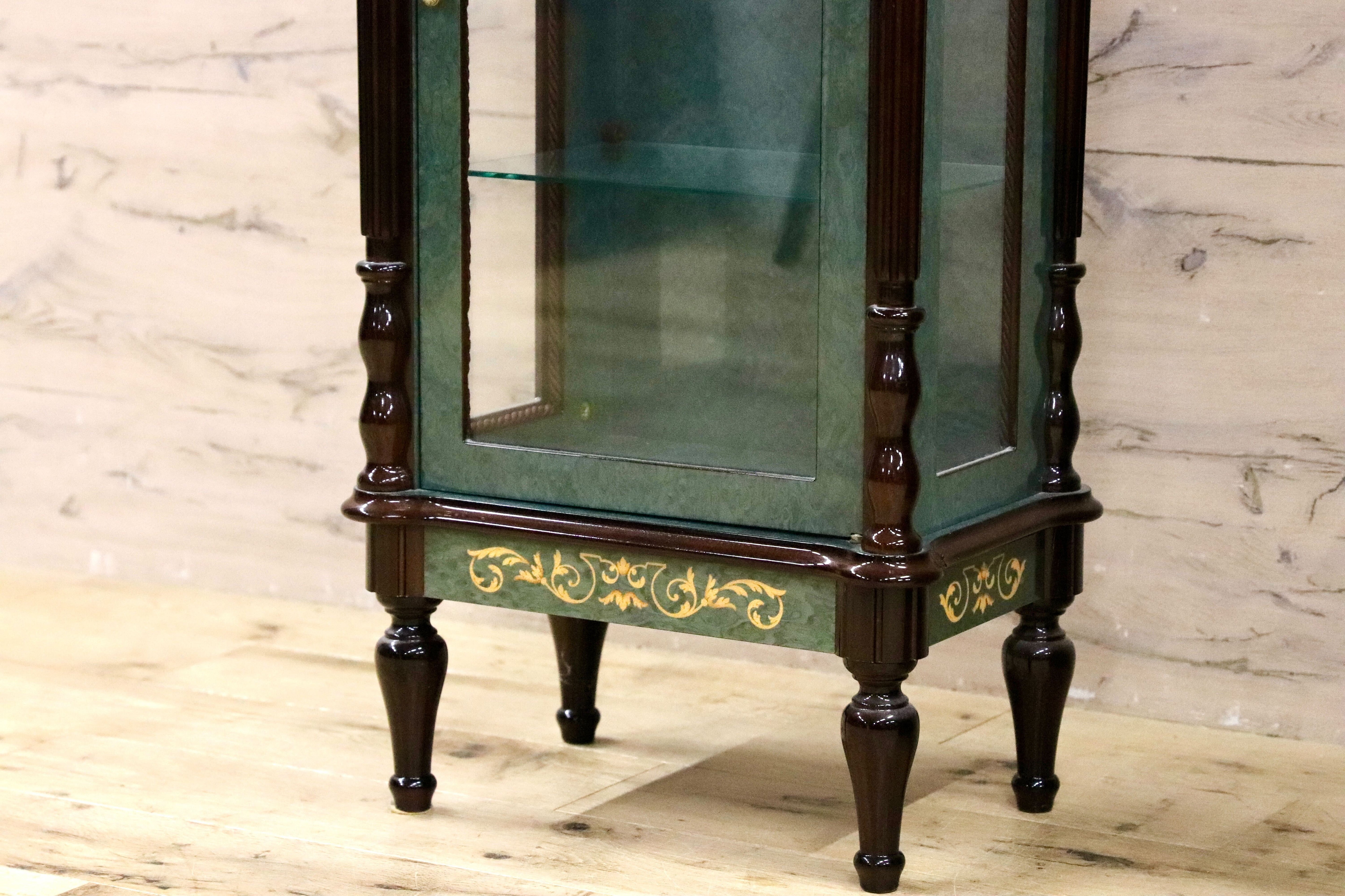 GMIK843○Le Ore イタリア製 キャビネット&置時計 ロココ調 クラシック グリーン 象嵌細工 エレガント 振り子 アートクロック