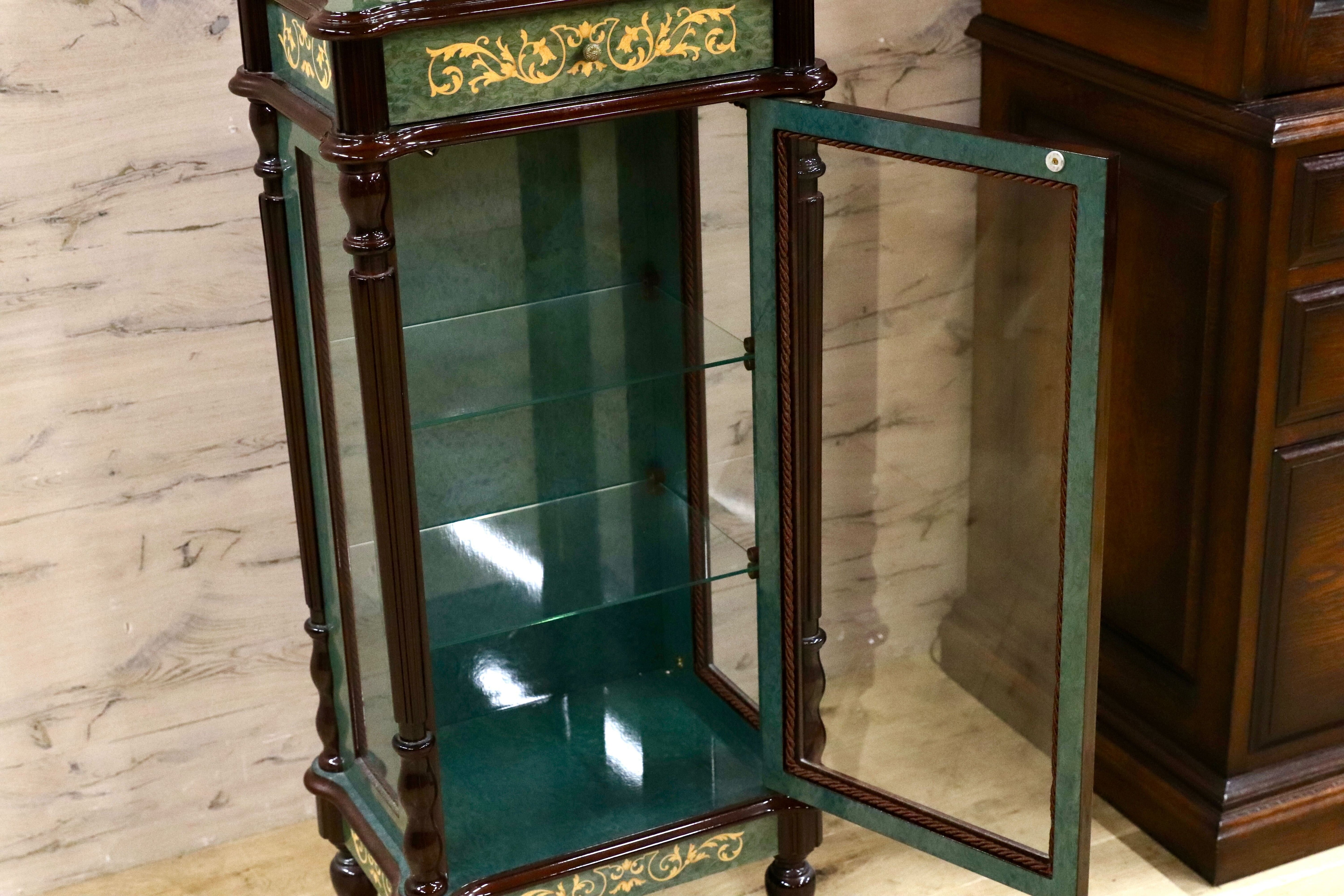 GMIK843○Le Ore イタリア製 キャビネット&置時計 ロココ調 クラシック グリーン 象嵌細工 エレガント 振り子 アートクロック