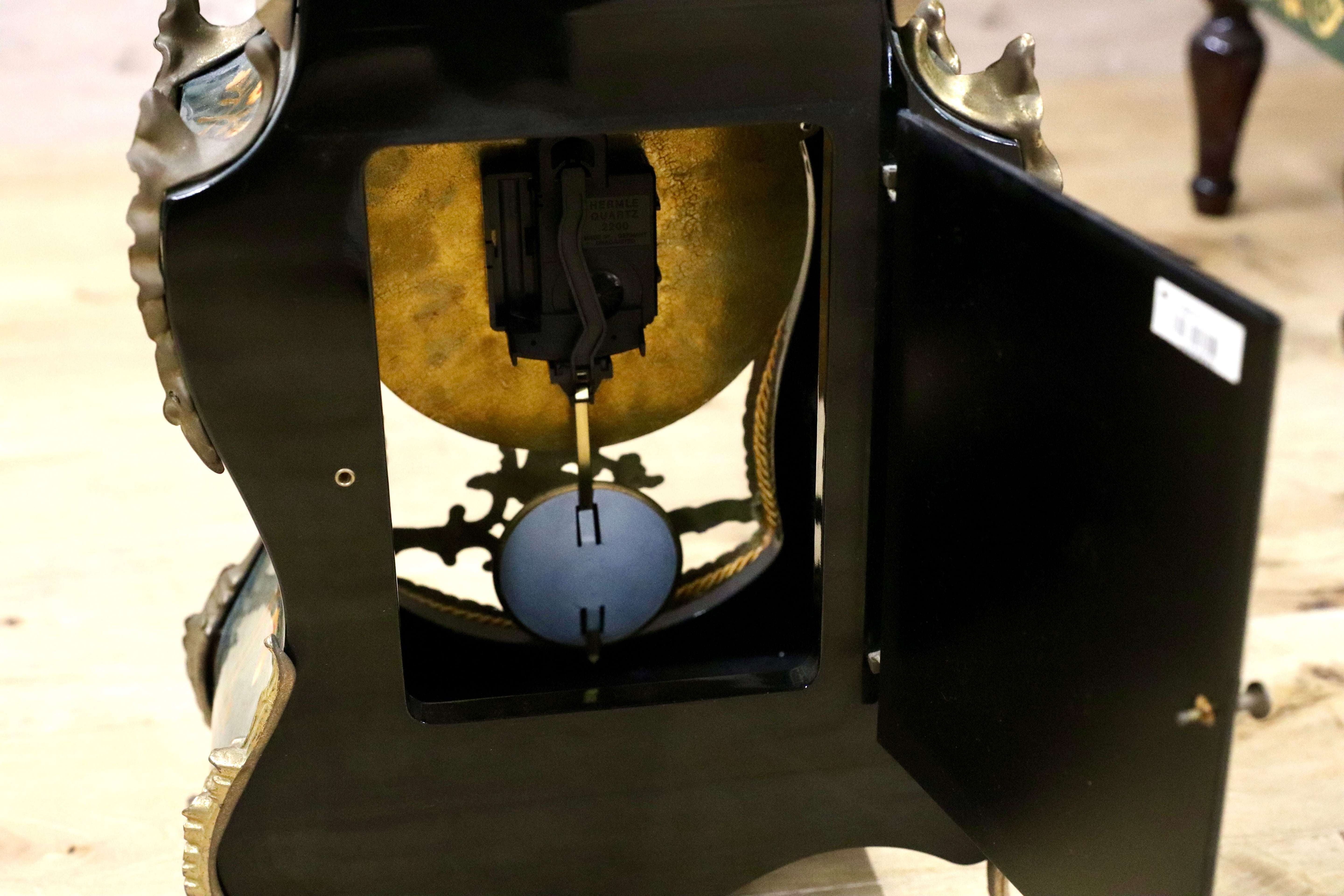 GMIK843○Le Ore イタリア製 キャビネット&置時計 ロココ調 クラシック グリーン 象嵌細工 エレガント 振り子 アートクロック