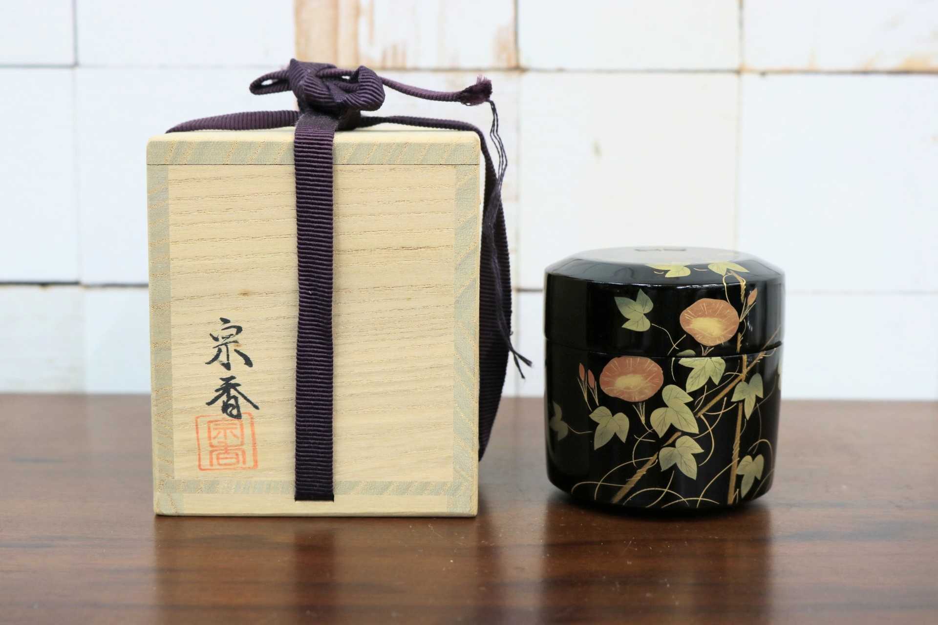 GMJK371AS〇宗香 棗 朝顔に蜻蛉 蒔絵 螺鈿細工 大下宗香 茶道具 茶器 薄茶器 共箱 加賀山中蒔絵 夏 初秋 伝統工芸