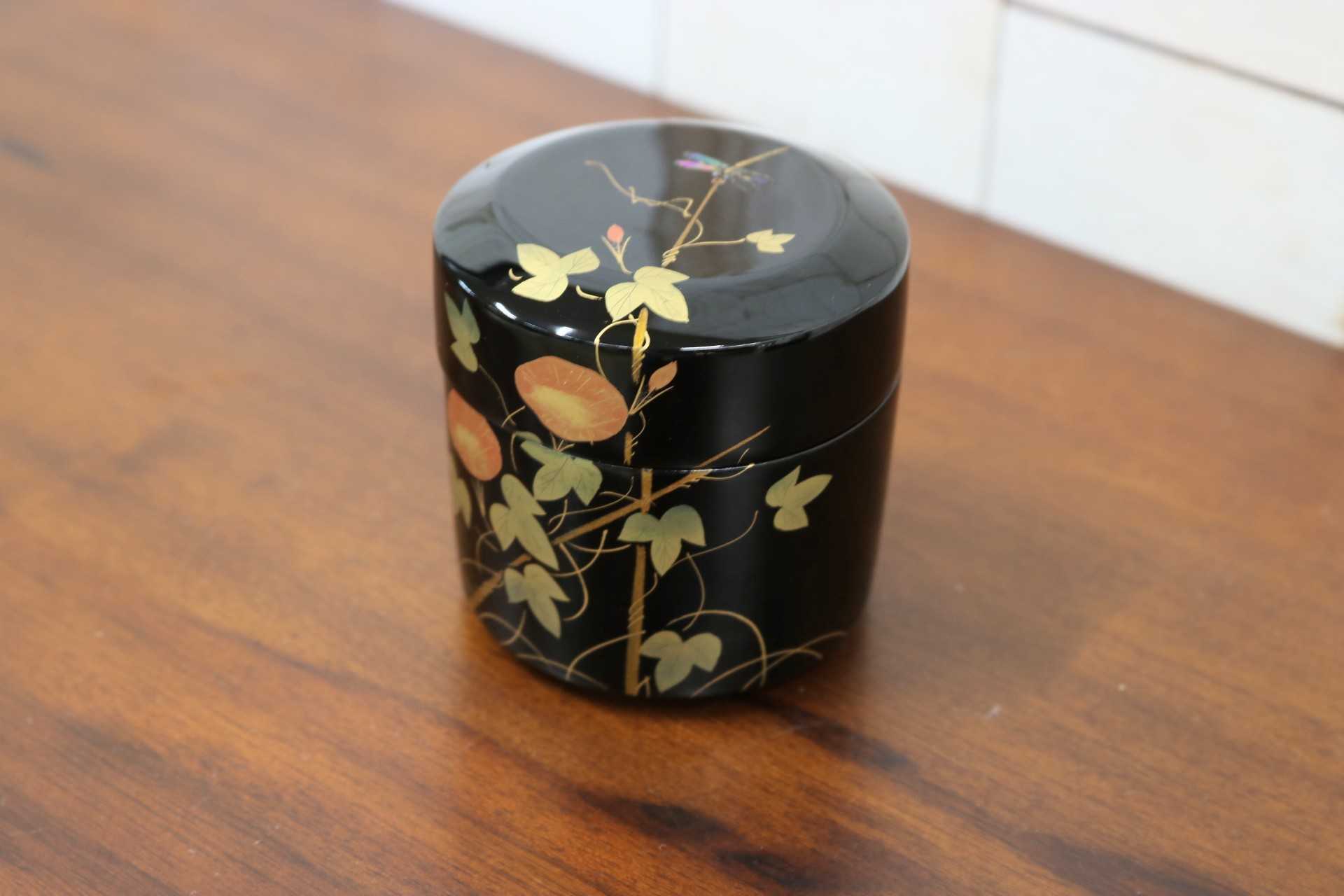 GMJK371AS〇宗香 棗 朝顔に蜻蛉 蒔絵 螺鈿細工 大下宗香 茶道具 茶器 薄茶器 共箱 加賀山中蒔絵 夏 初秋 伝統工芸