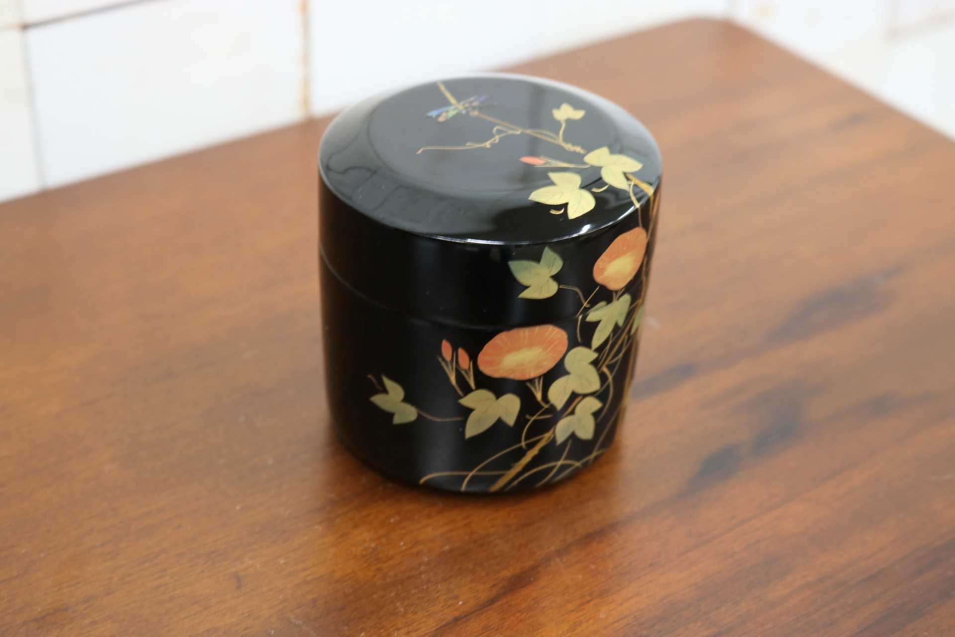 GMJK371AS〇宗香 棗 朝顔に蜻蛉 蒔絵 螺鈿細工 大下宗香 茶道具 茶器 薄茶器 共箱 加賀山中蒔絵 夏 初秋 伝統工芸