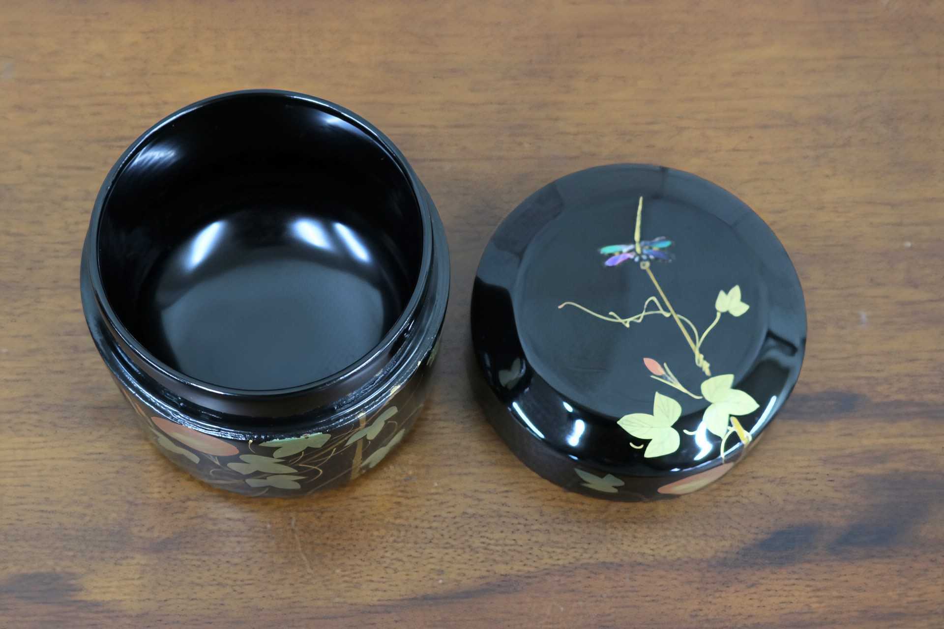 GMJK371AS〇宗香 棗 朝顔に蜻蛉 蒔絵 螺鈿細工 大下宗香 茶道具 茶器 薄茶器 共箱 加賀山中蒔絵 夏 初秋 伝統工芸