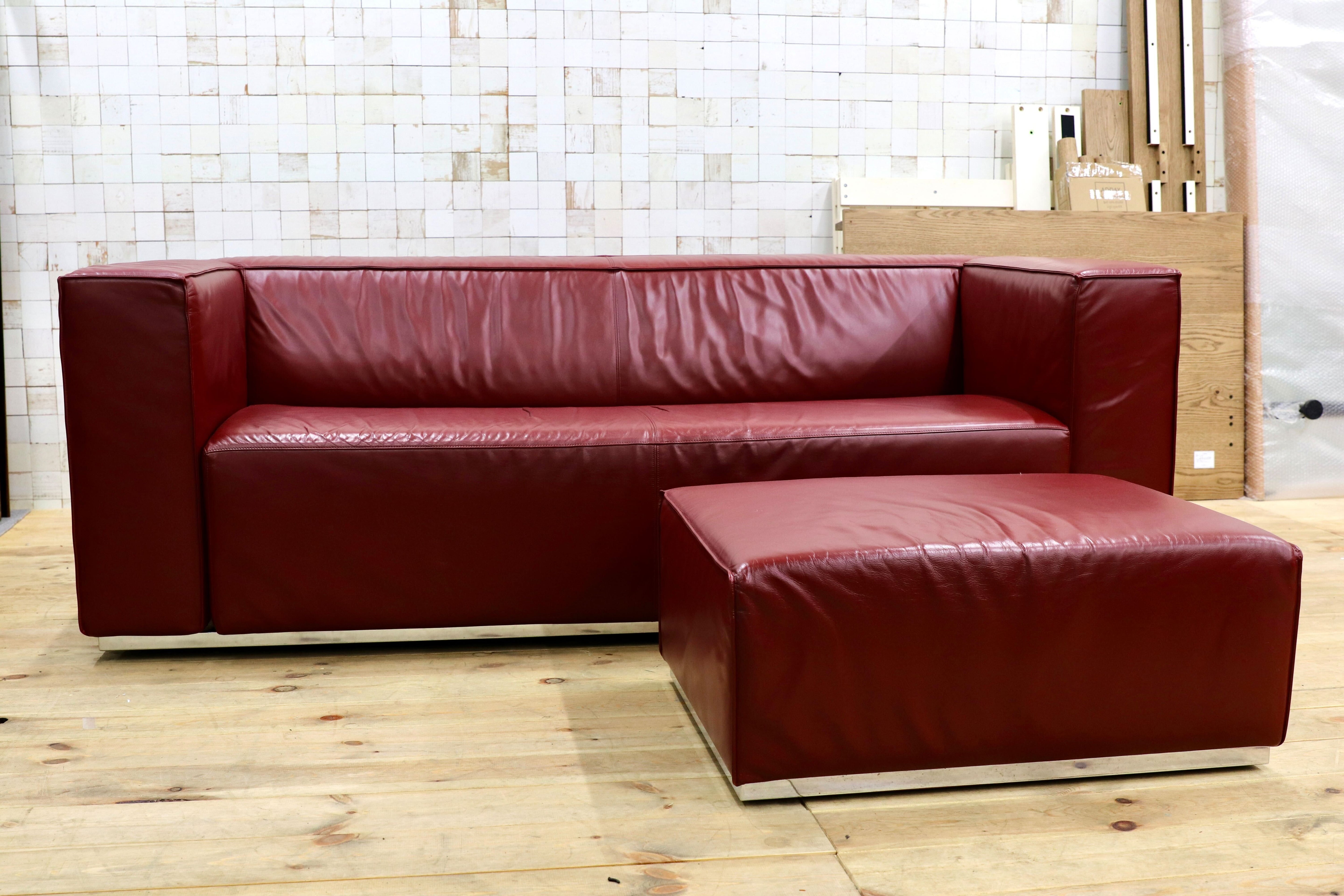 GMIS200○Cassina / カッシーナ 特注 3人掛けソファ トリプルソファ オットマン付き ガーネットカラー 本革 イタリアモダン 最高級