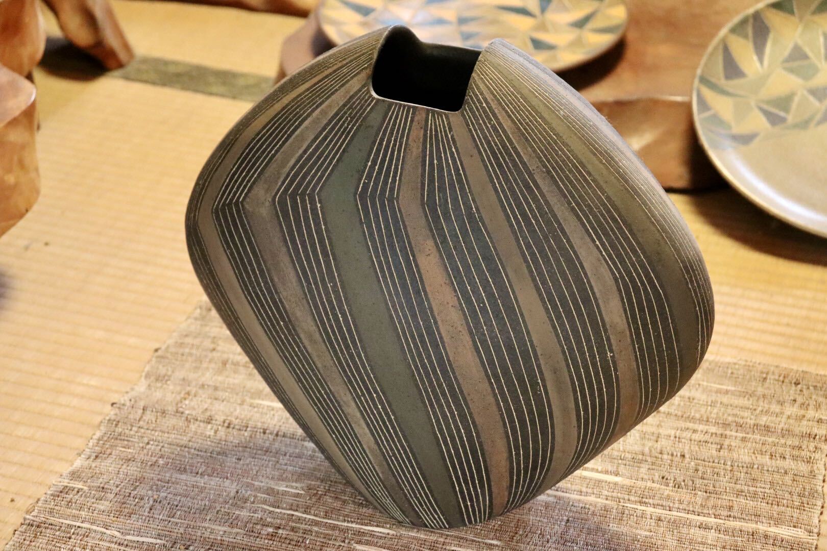 GMJI24◯市野悟窯 丹波焼 花器 花入 花生 扁壺 花瓶 陶器 丹波篠山 市野哲次 伝統工芸 和モダン インテリア