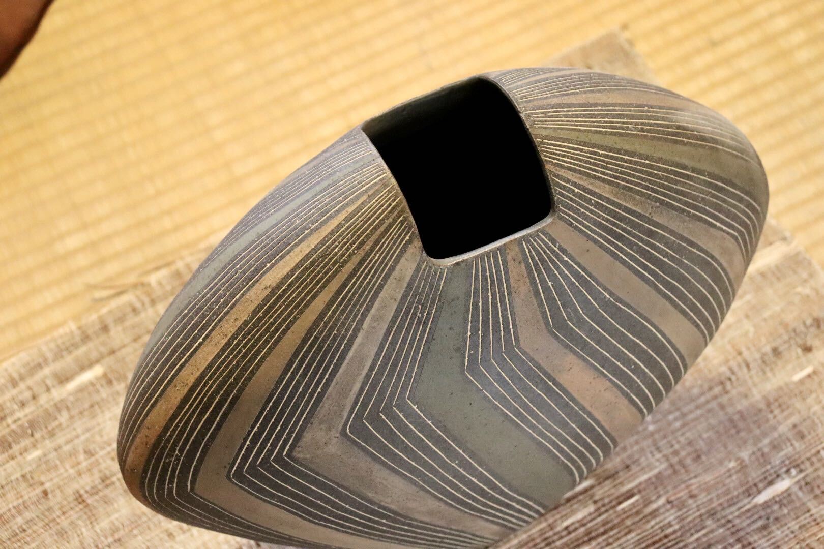 GMJI24◯市野悟窯 丹波焼 花器 花入 花生 扁壺 花瓶 陶器 丹波篠山 市野哲次 伝統工芸 和モダン インテリア