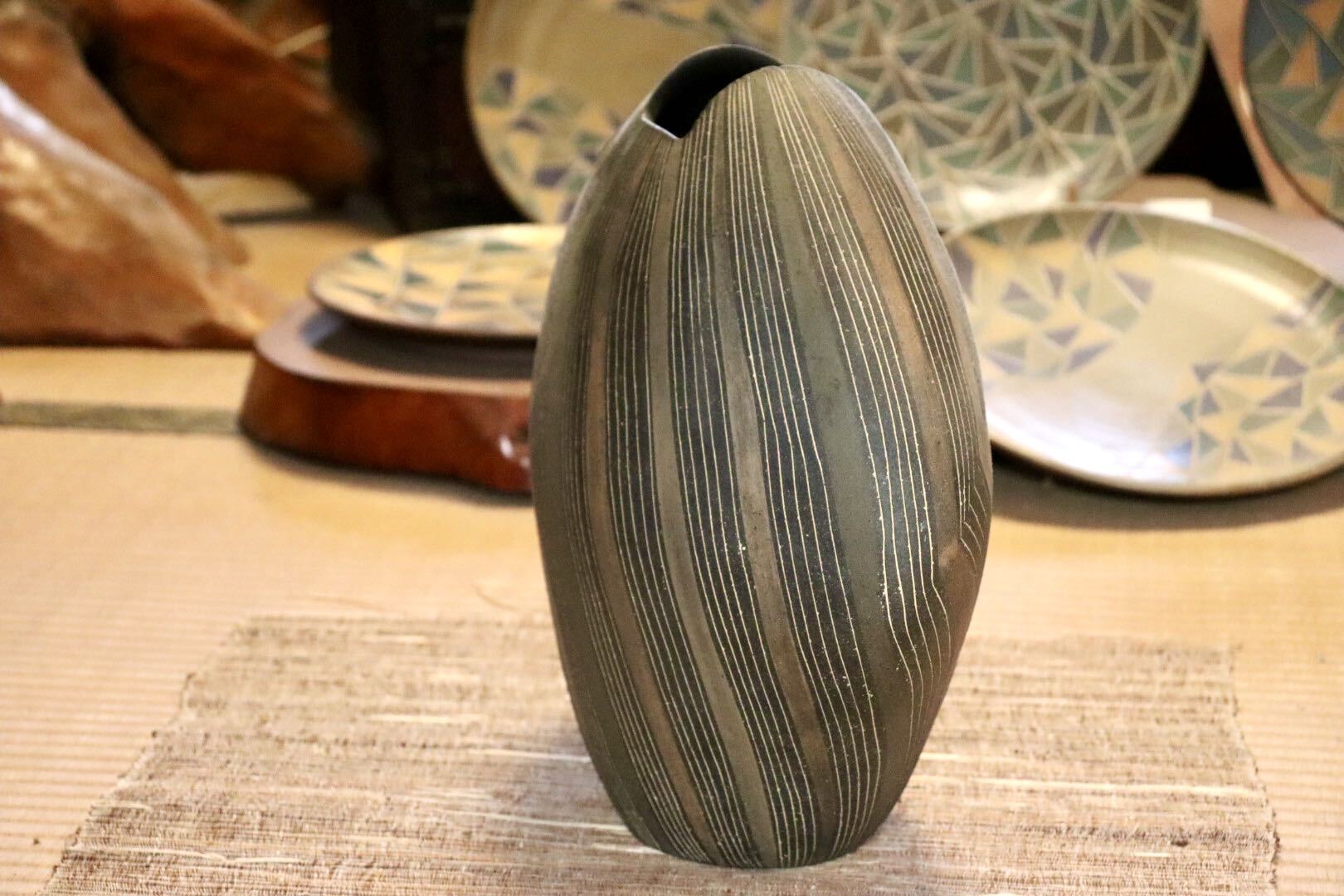 GMJI24◯市野悟窯 丹波焼 花器 花入 花生 扁壺 花瓶 陶器 丹波篠山 市野哲次 伝統工芸 和モダン インテリア
