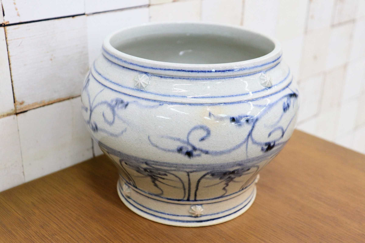 GMJK257G◯萬古焼 太仙窯 山本太仙 安南 水指 茶道具 茶器 安南写 唐草文 染付 古美術 伝統工芸